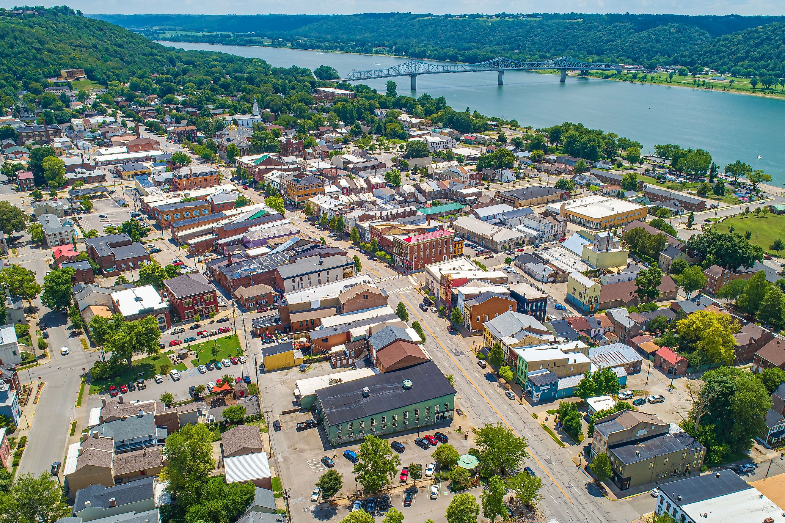 Aerial View of Madison, Indiana, and the Ohio River.