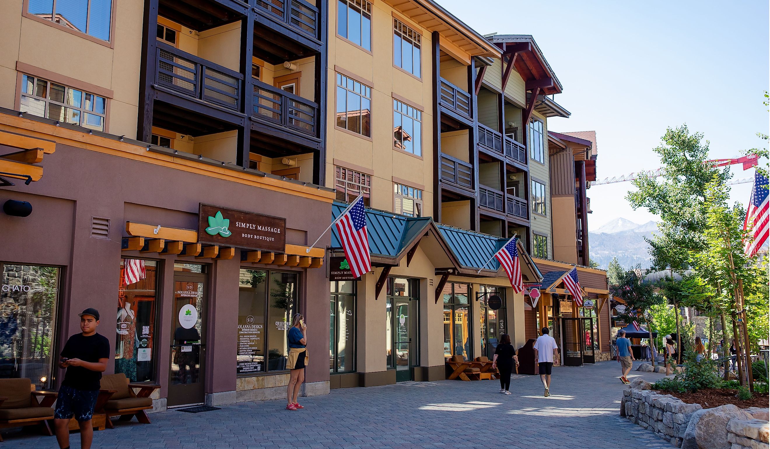 The Village At Mammoth, shopping mall in Mammoth Lakes, a town in California's Sierra Nevada mountains. Editorial credit: bluestork / Shutterstock.com