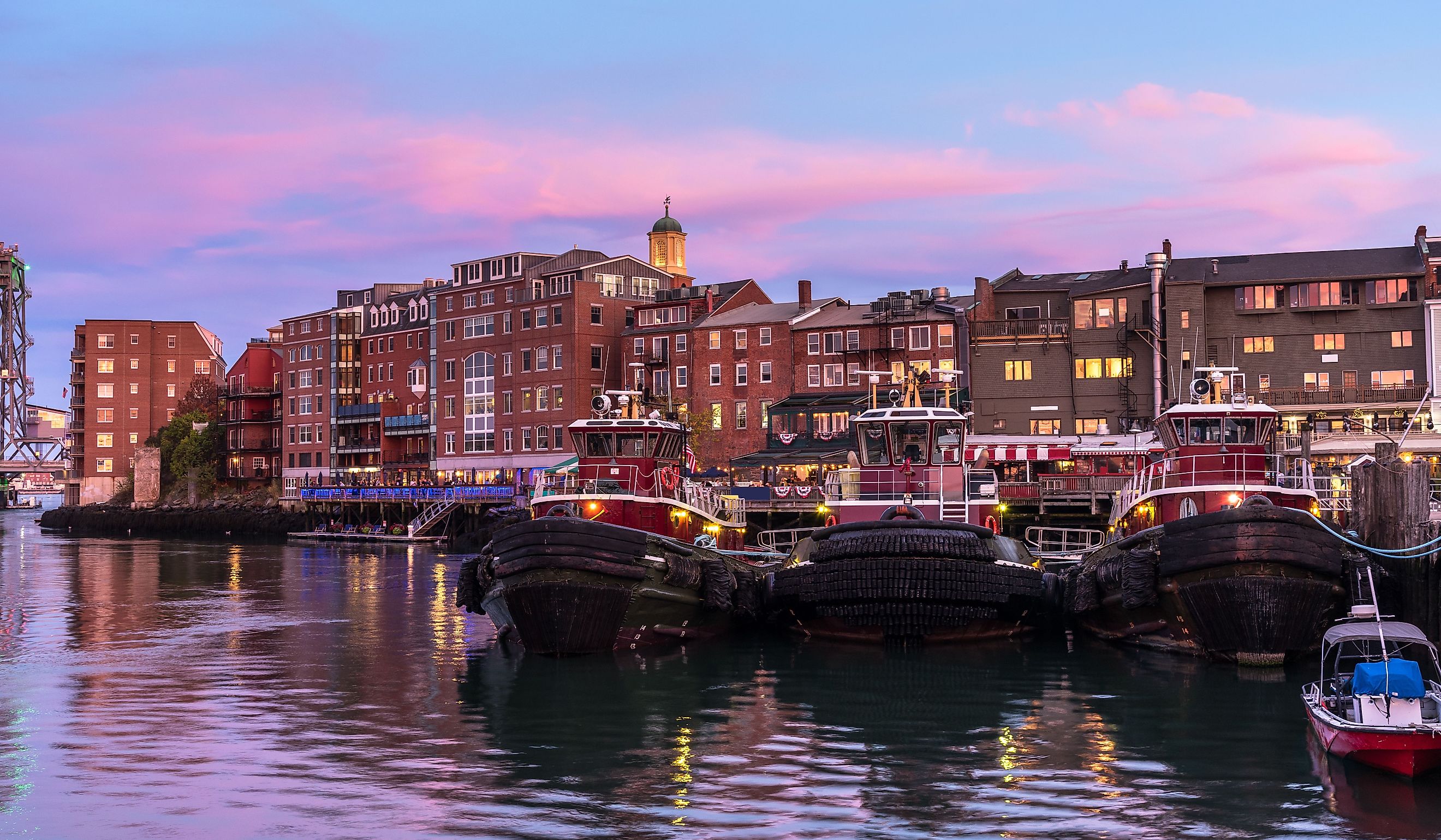 View of Portsmouth waterfront at dusk. New Hampshire, USA. 