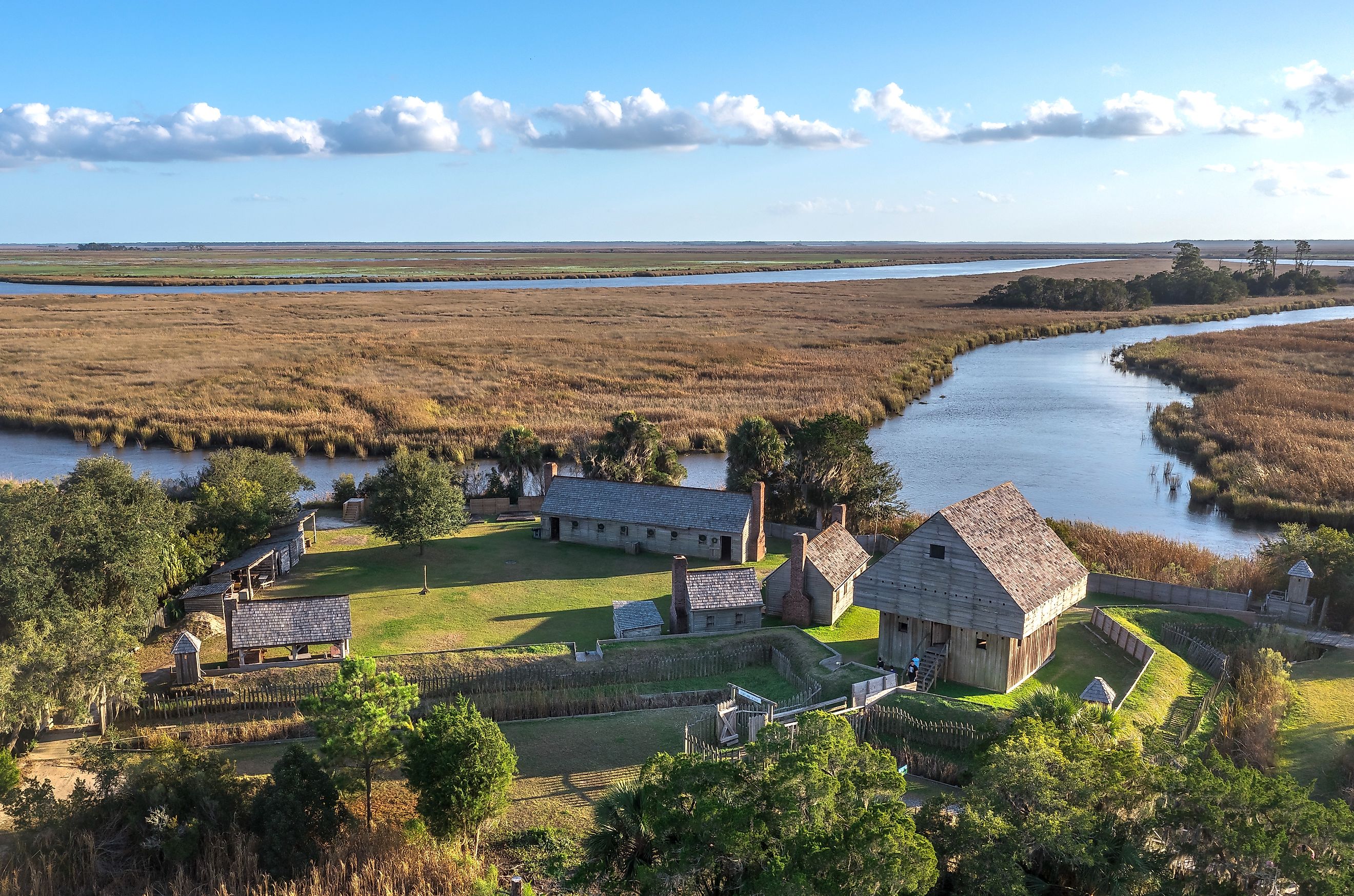 Aerial view of Fort King George historic site in Darien, Georgia.