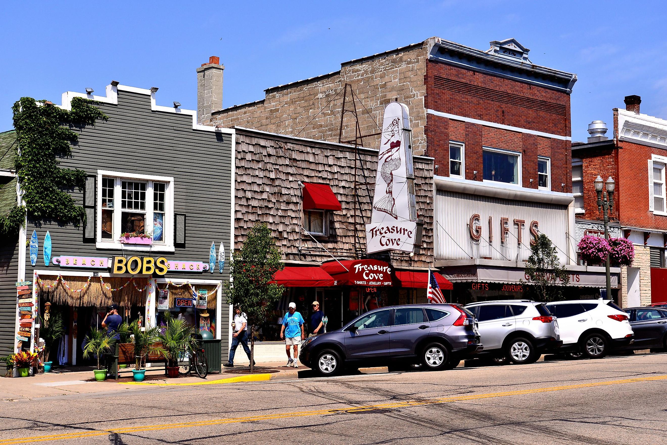 The downtown area of the famous Wisconsin vacation destination at the height of the summer tourist season in lake geneva