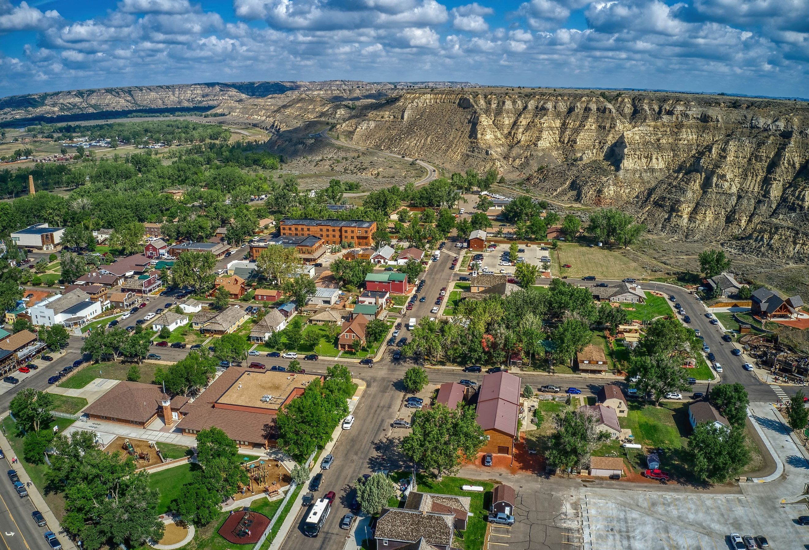 Aerial view of the tourist town of Medora, North Dakota outside of Theodore Roosevelt National Park.