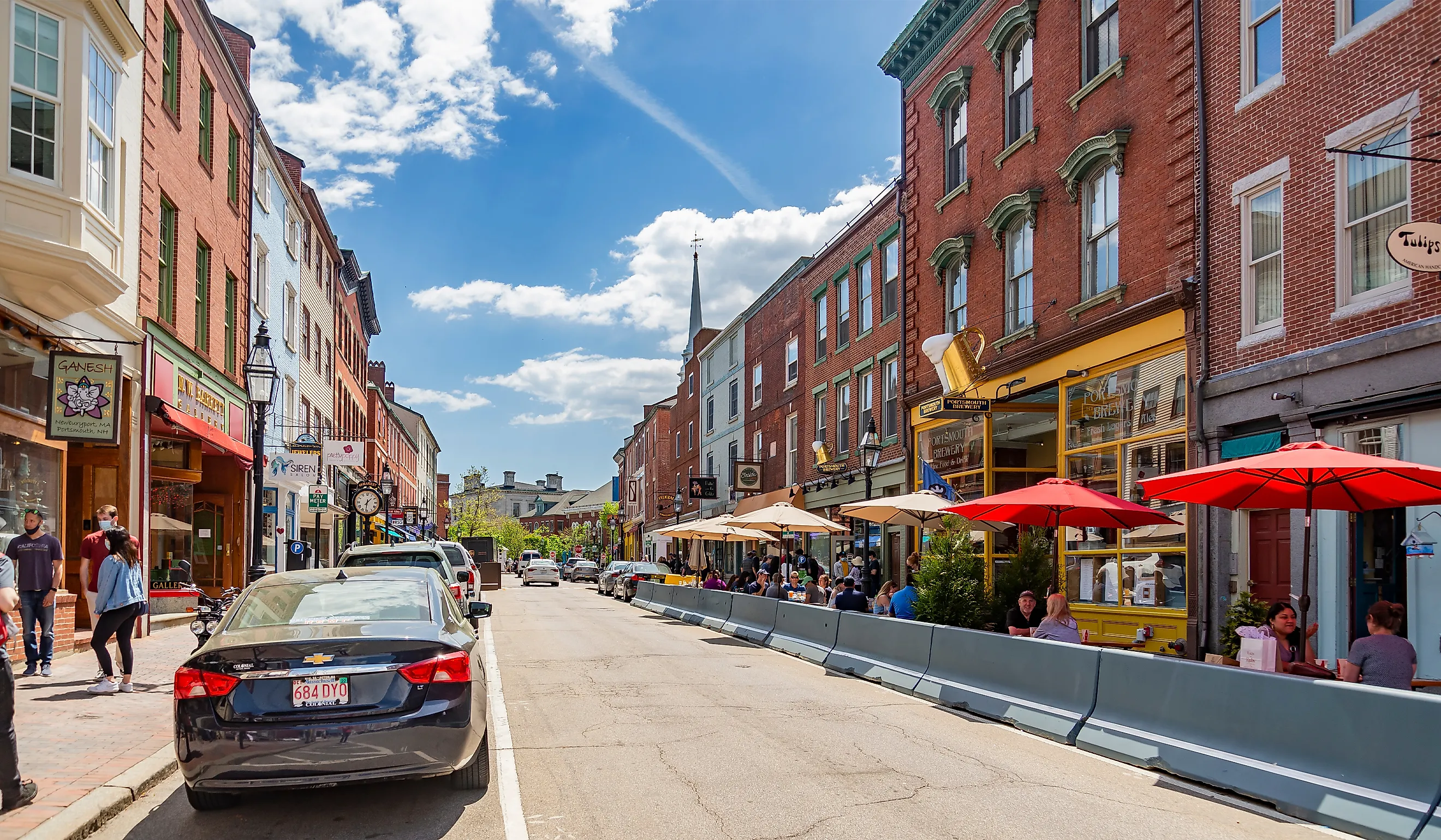 rick buildings lined along a street in downtown Portsmouth, New Hampshire. Editorial credit: Enrico Della Pietra / Shutterstock.com