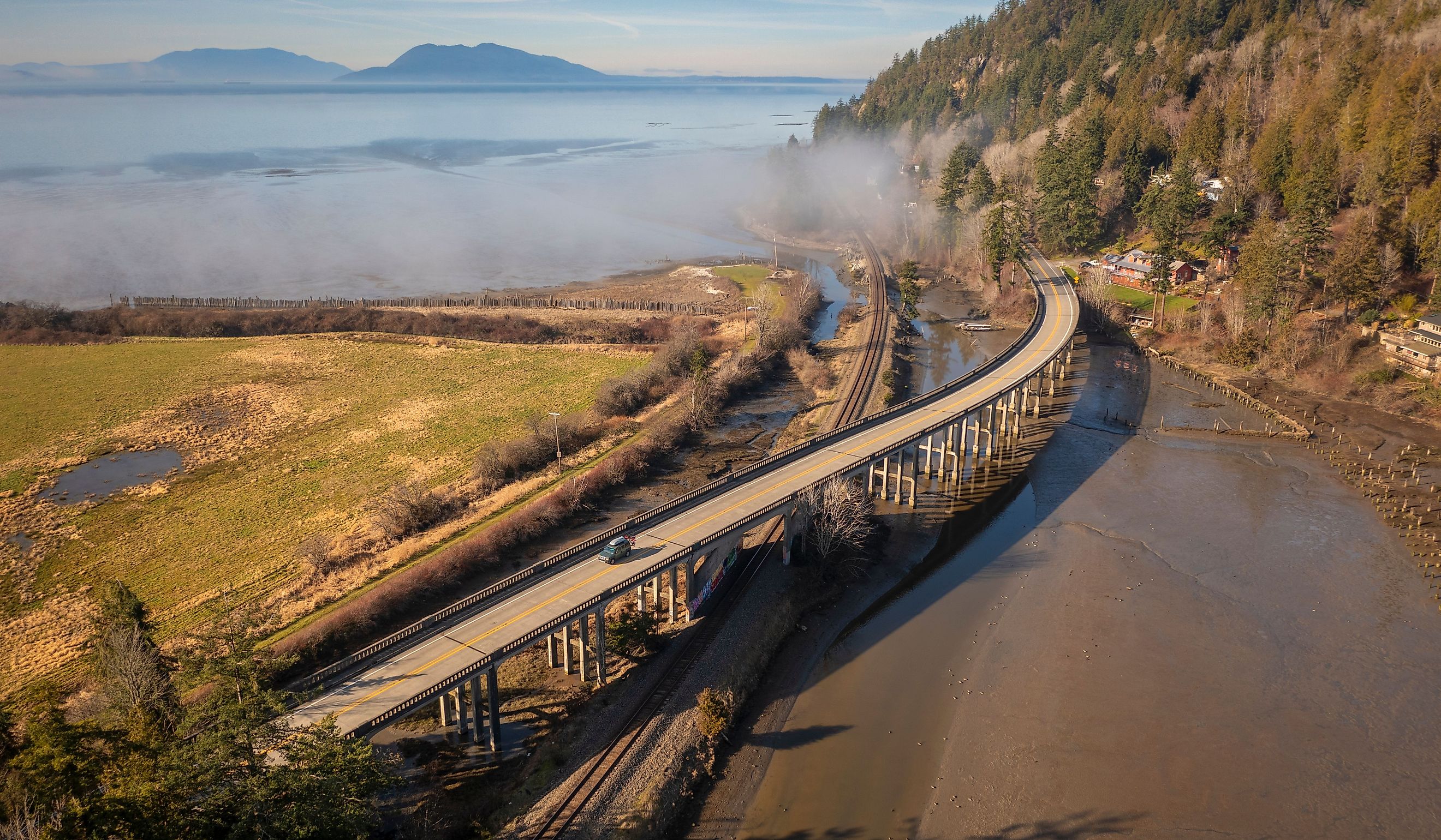 Aerial View of Chuckanut Drive and the Blanchard Bridge in the Skagit Valley. 