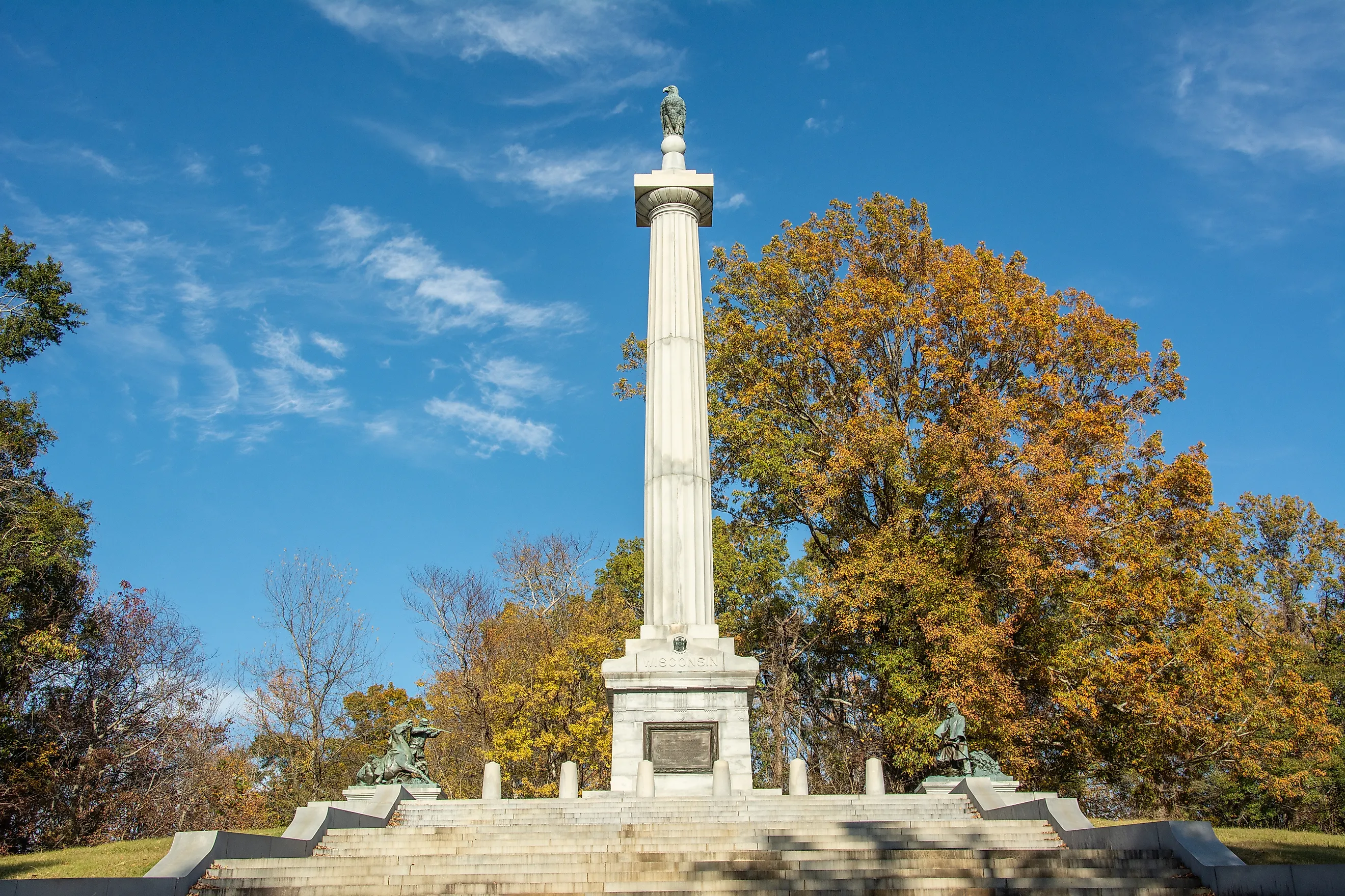 Editorial Photo Credit: Nina Alizada via Shutterstock. Vicksburg, USA – December 1, 2022 - The Wisconsin Memorial and Wisconsin Monument with a bronze statue of "Old Abe" the war eagle at Vicksburg National Military Park