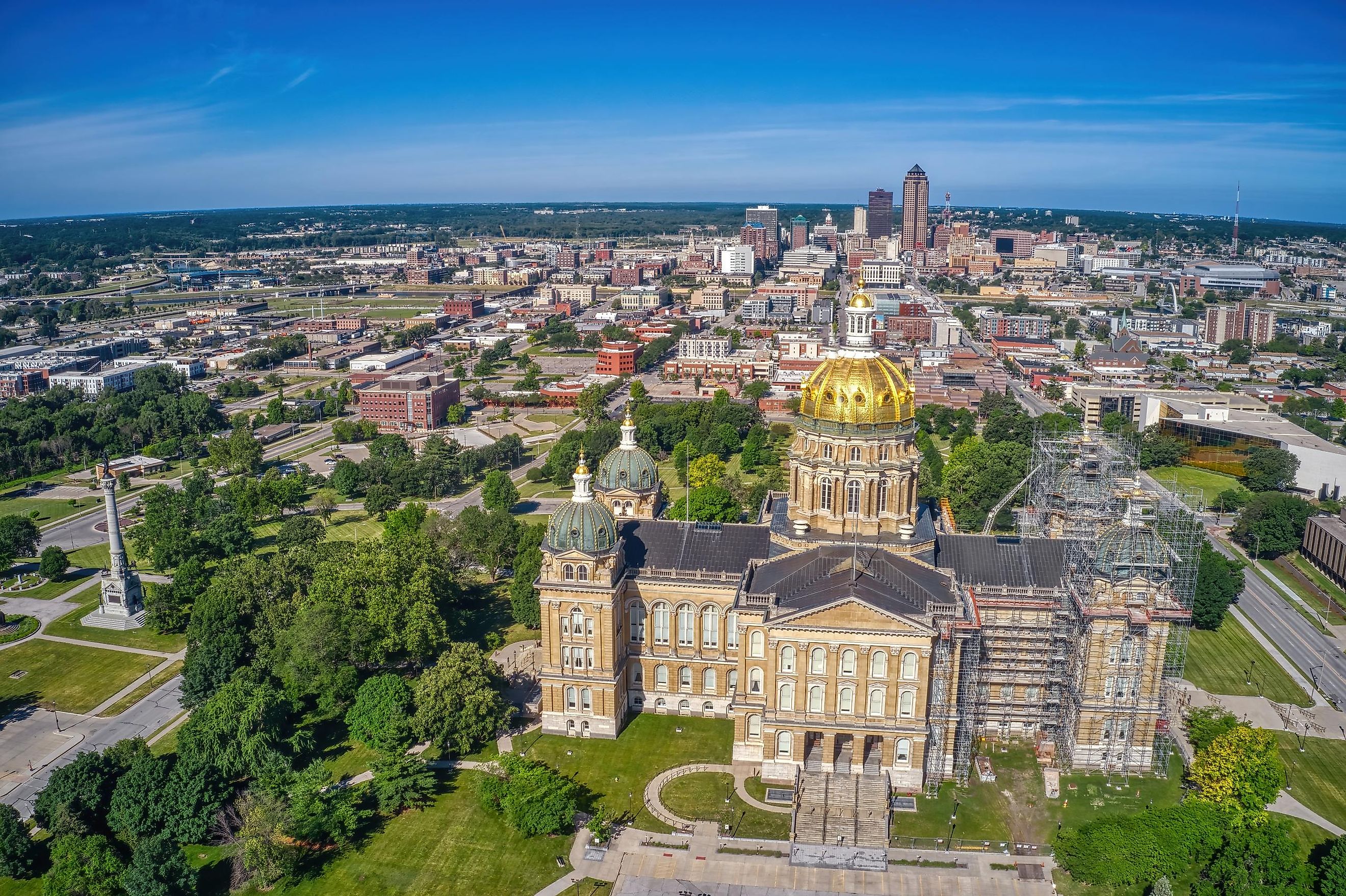 Aerial View of the Iowa State Capitol Building with Des Moine Skyline