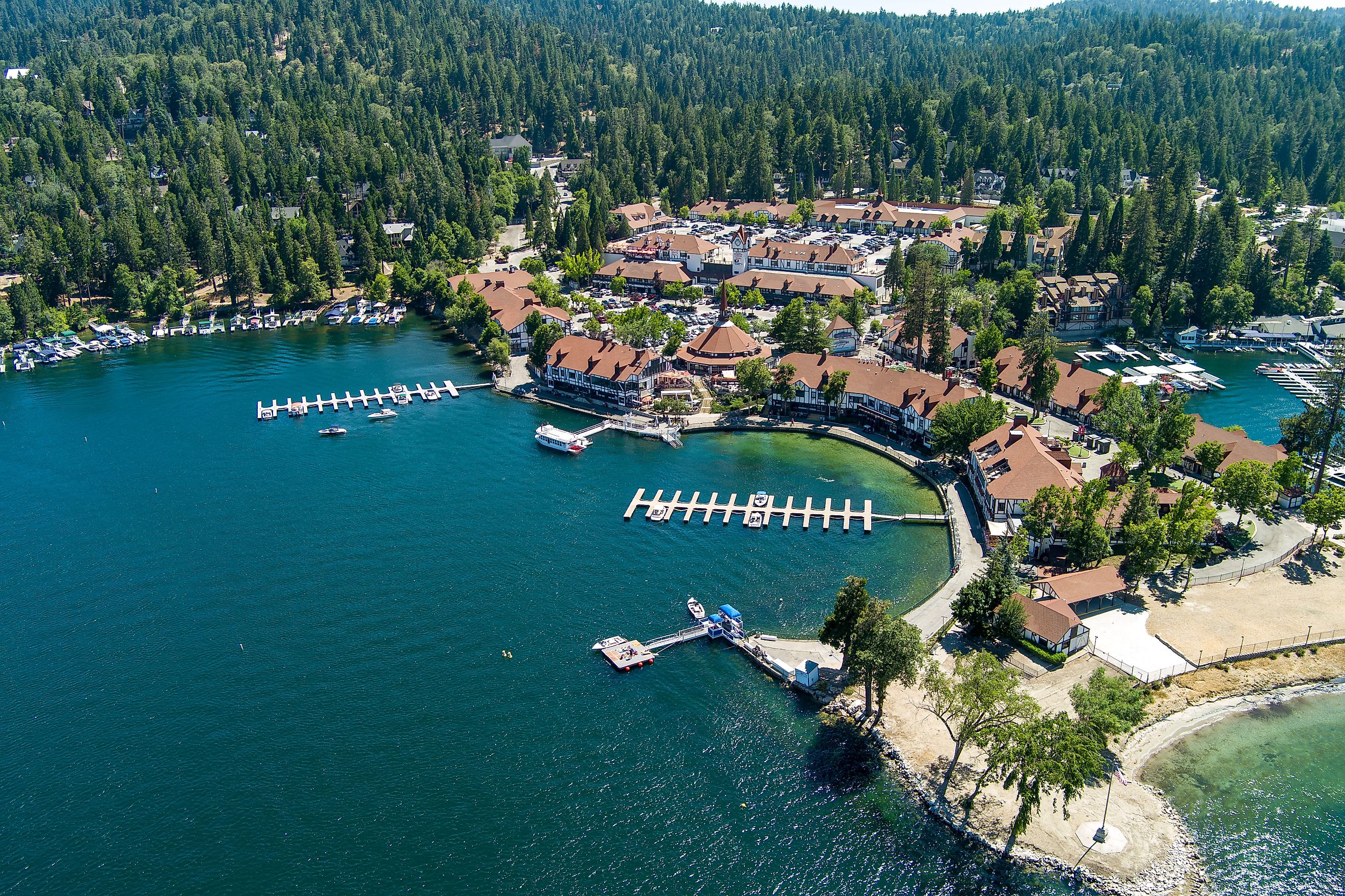 Aerial view of waterfront buildings along Lake Arrowhead in California.