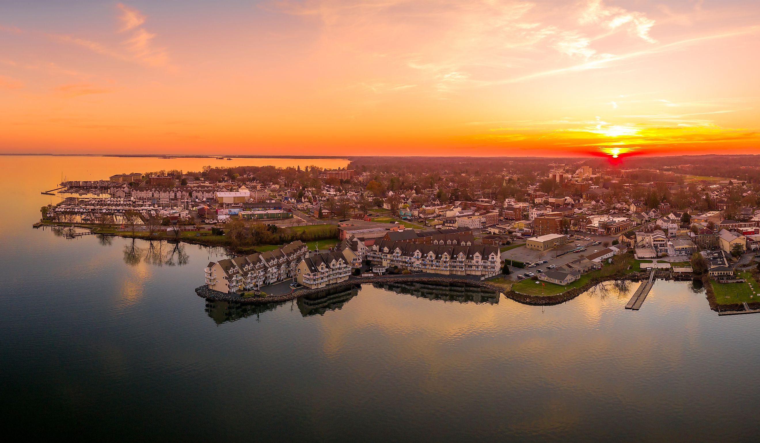 Aerial sunset panorama of Havre De Grace Harford County, Maryland, United States