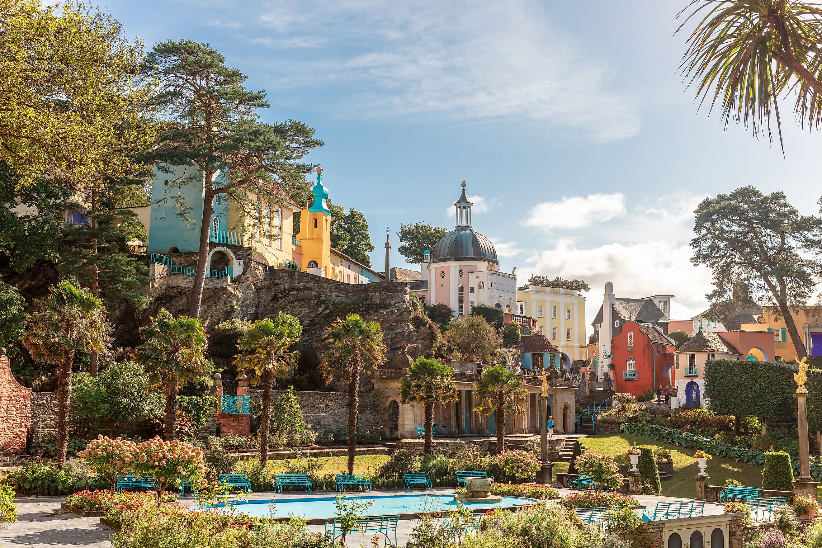 Scenic foliage and buildings in the town of Portmeirion in North Wales.