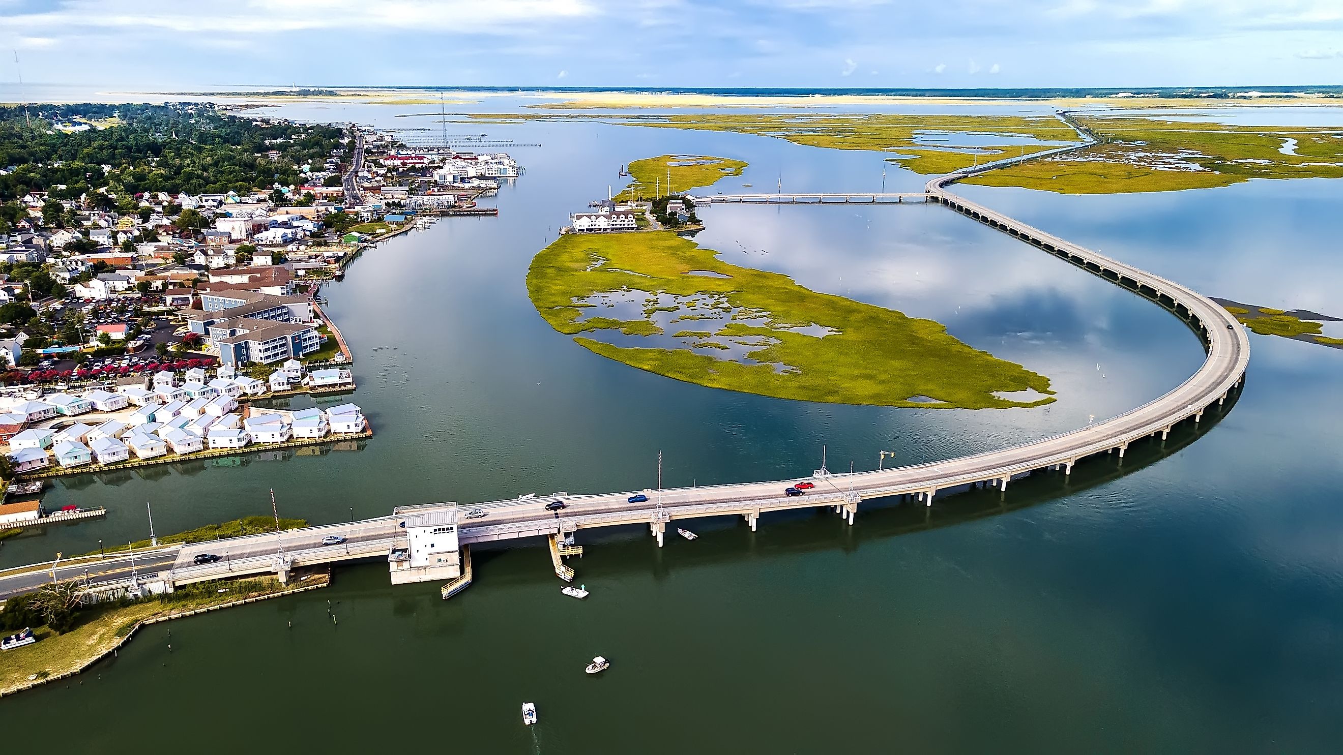 Aerial view of the Long Bridge to Chincoteague Island in Virginia.