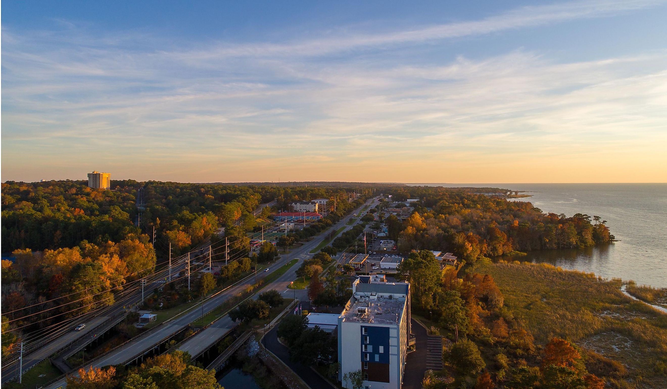 Aerial view of Daphne, Alabama and Mobile Bay at sunset.