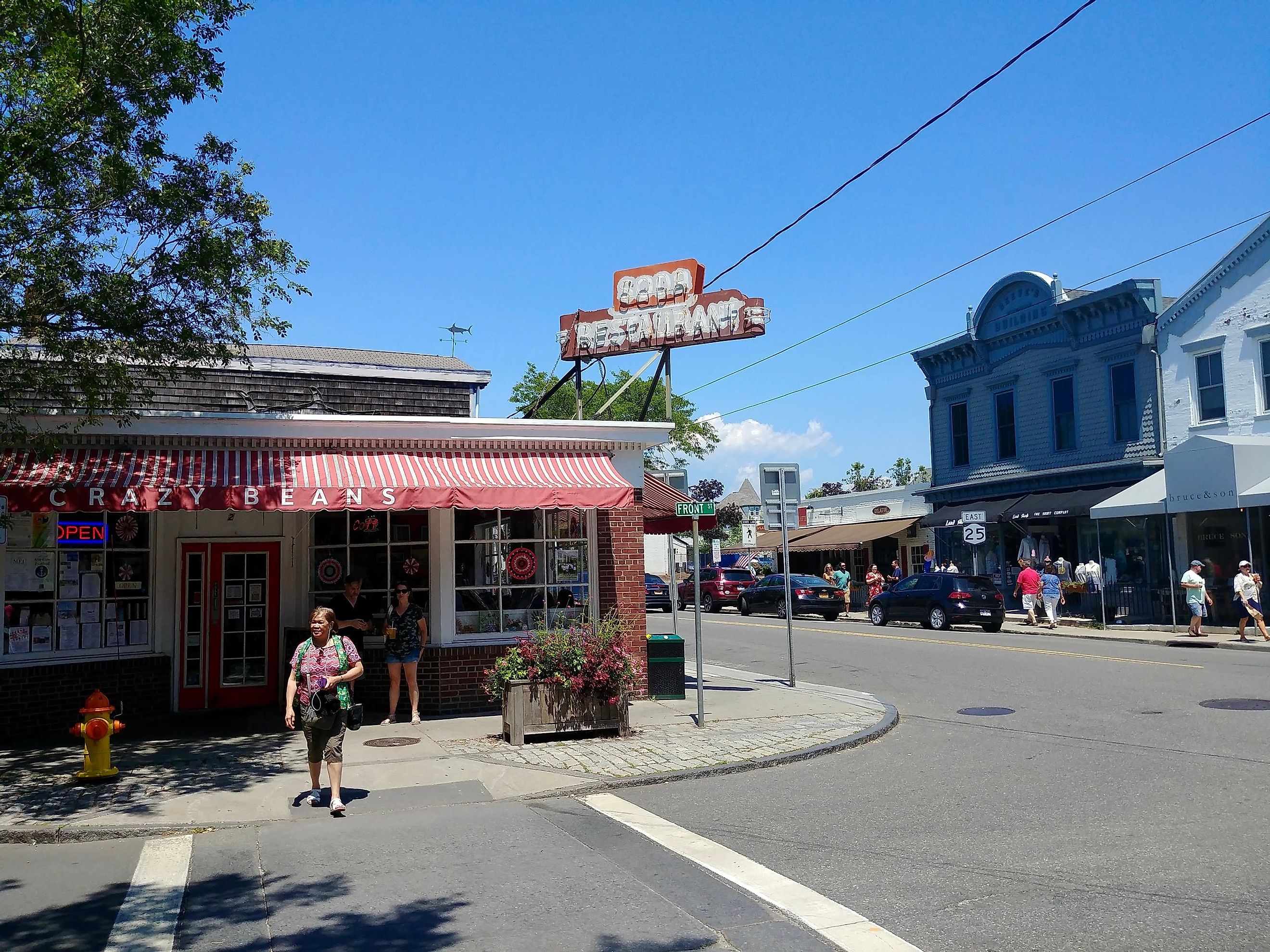 Exterior of Crazy Beans restaurant on Front Street in Greenport, Long Island, via quiggyt4 / Shutterstock.com