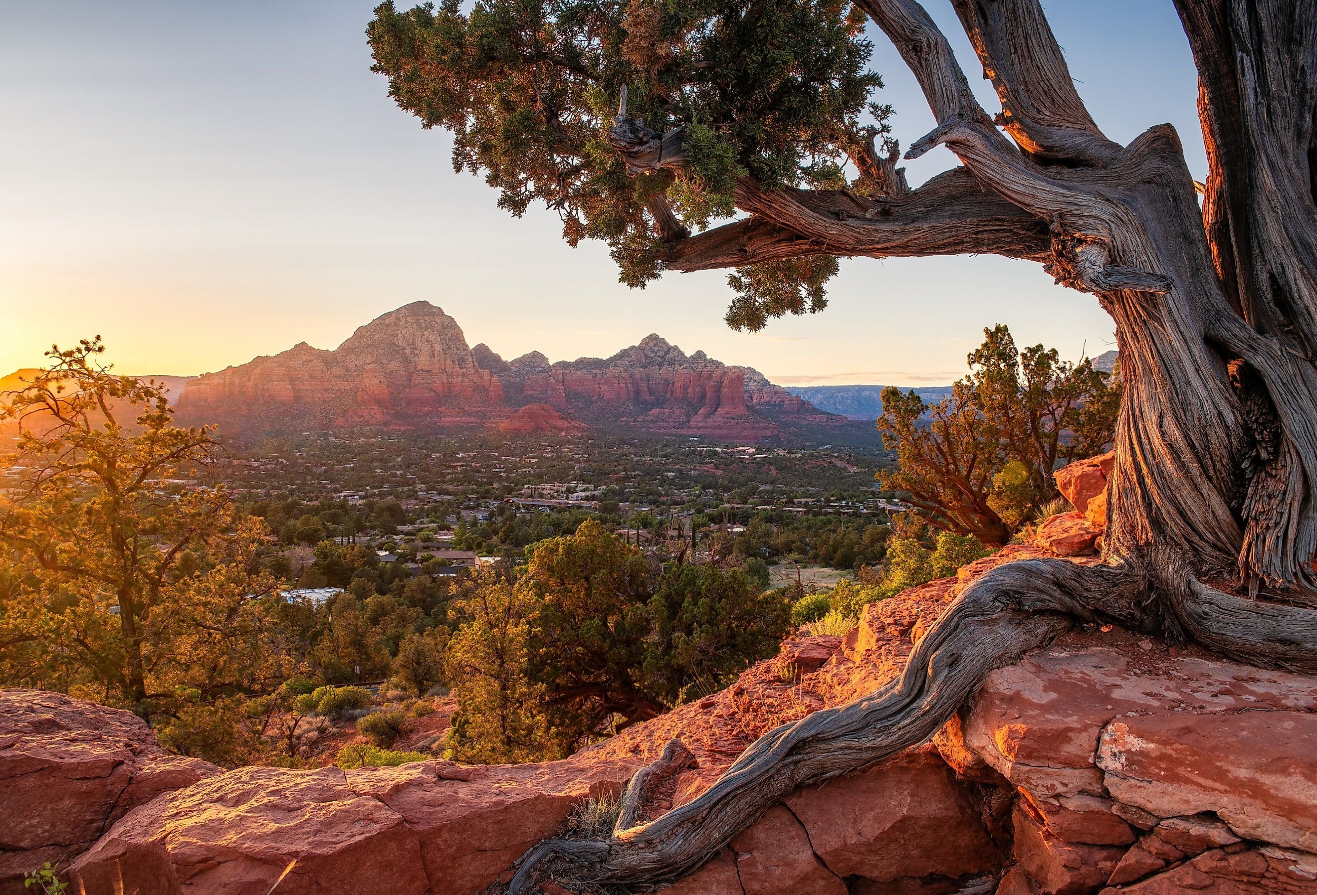 Sunset view of Sedona, Arizona from Airport Mesa in the fall.