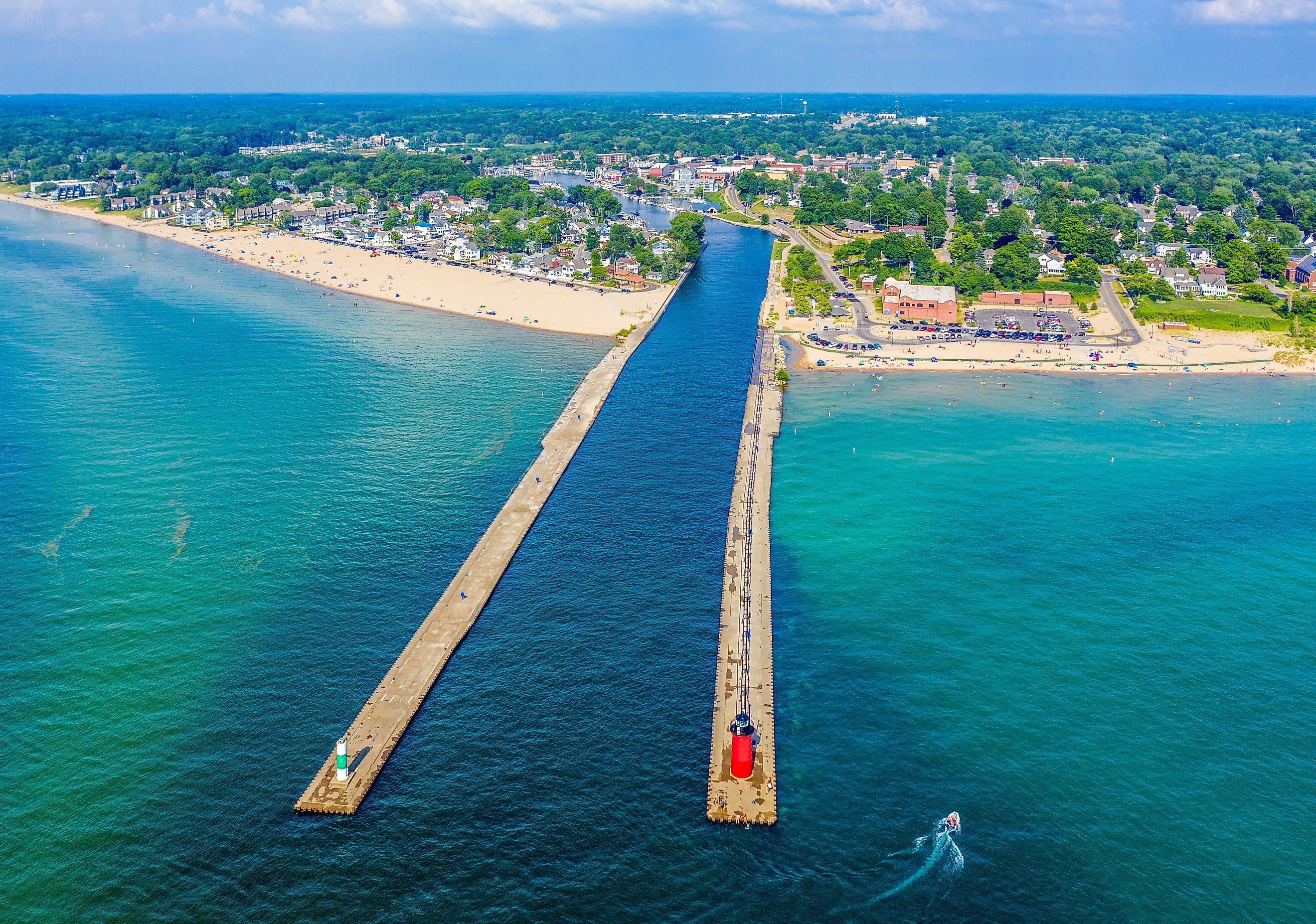 Aerial view of the South Haven Lighthouse on Lake Michigan