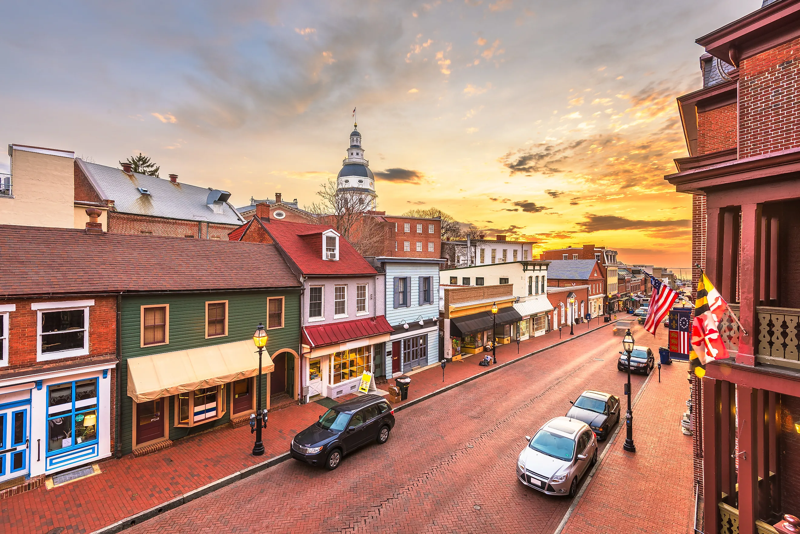 Downtown view of Main Street with the State House in Annapolis, Maryland.
