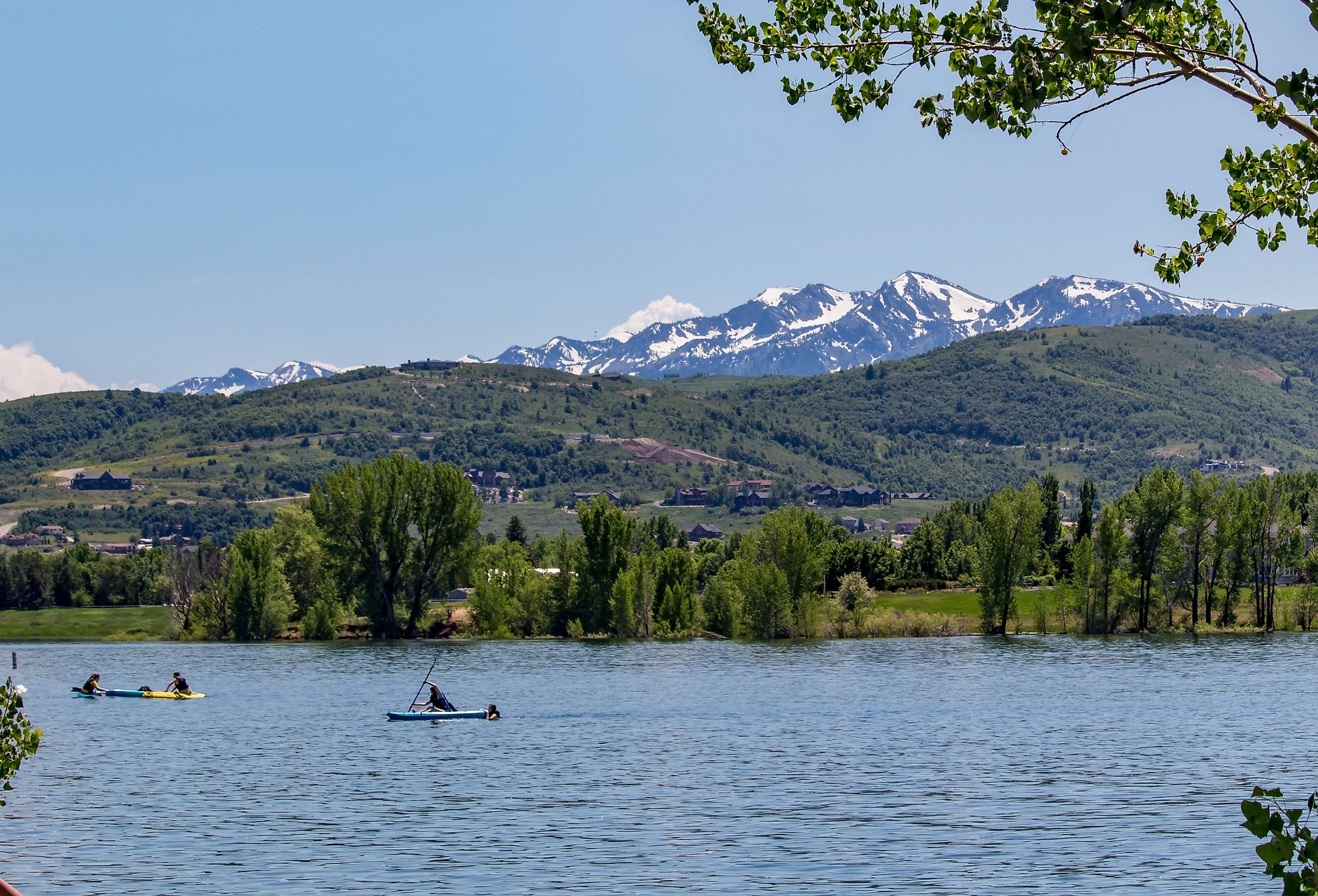 View of kayakers in Pineview Reservoir near Eden, Utah