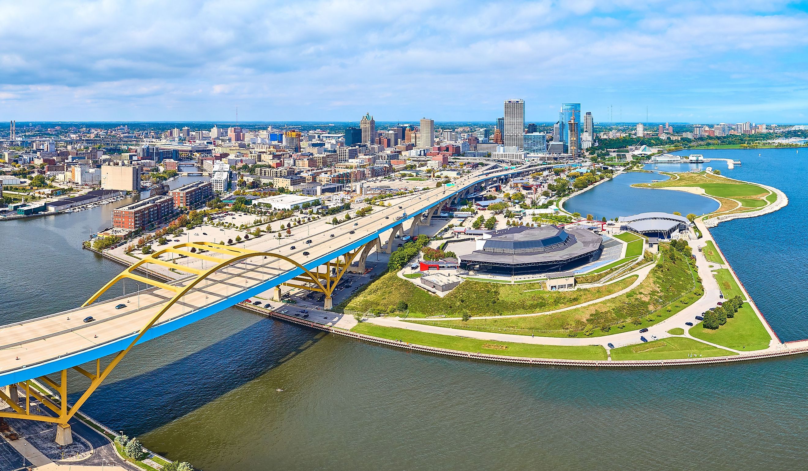 Aerial View of Milwaukee Waterfront and Hoan Bridge Panorama.