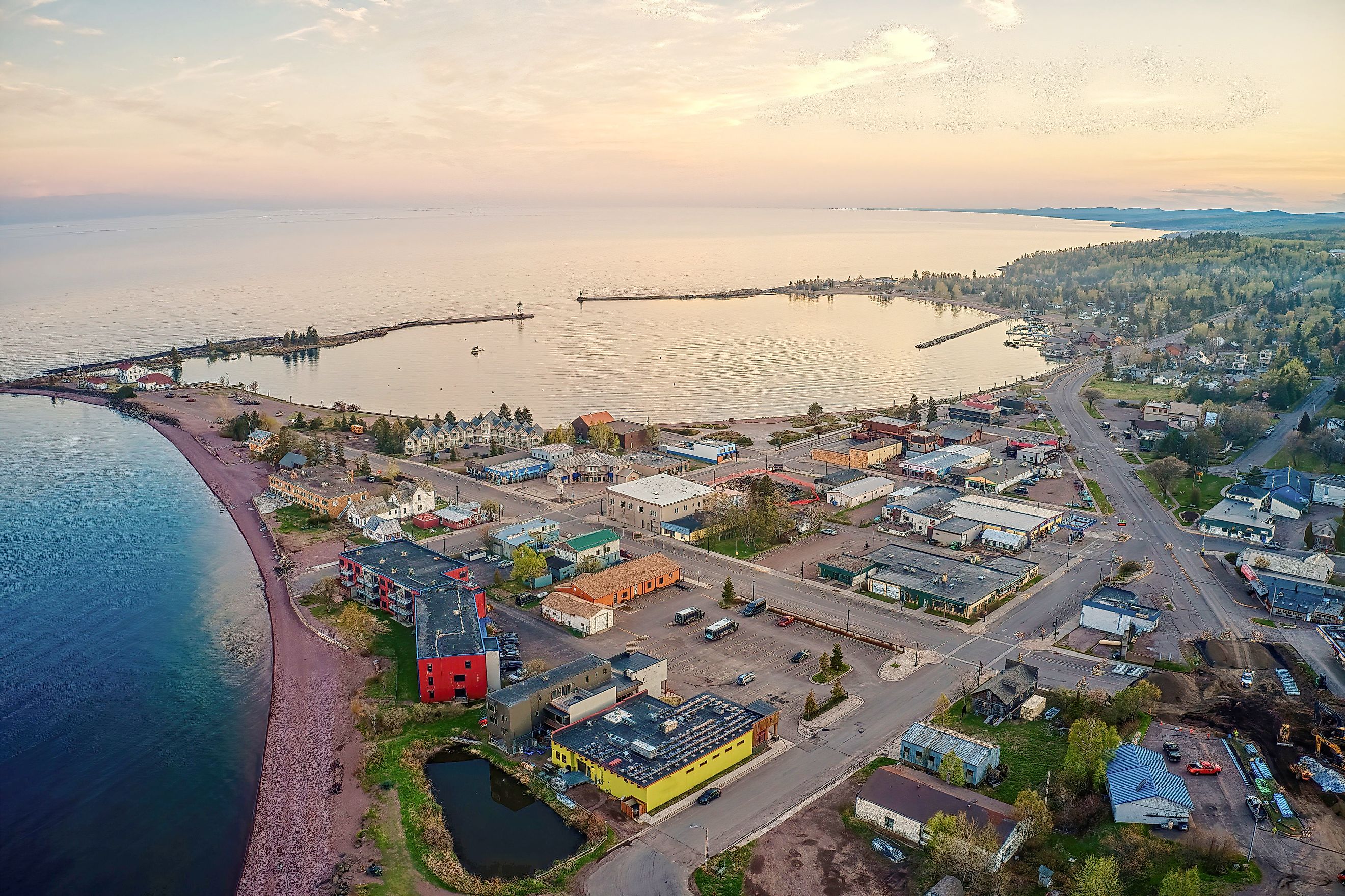 Aerial view of Grand Marais, Minnesota, at sunset.