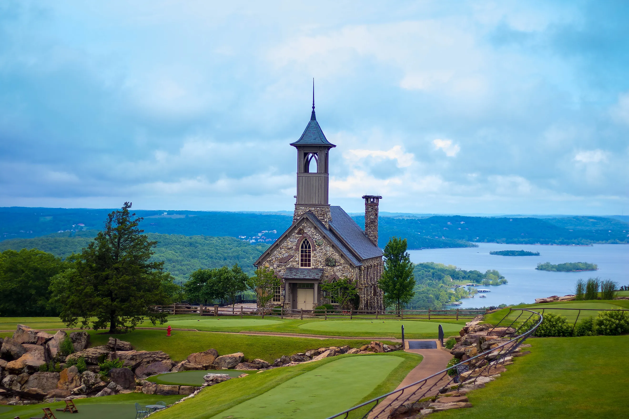 The Chapel of the Ozarks in the foreground at Top of the Rock in Branson, Missouri, with Table Rock Lake in the background