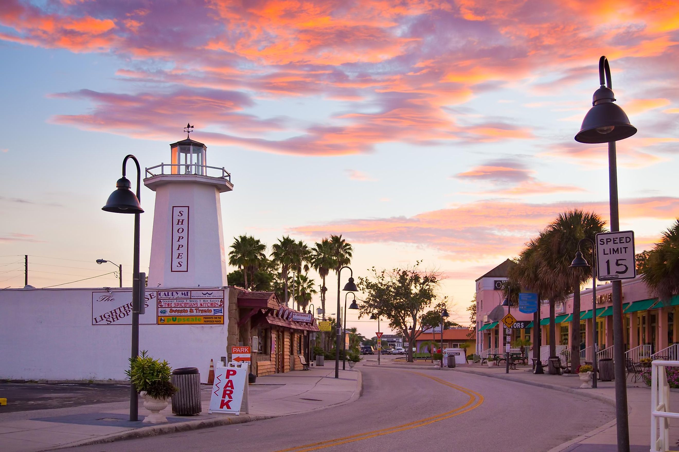 View of downtown Tarpon Springs, Florida at sunset, via littleny / iStock.com