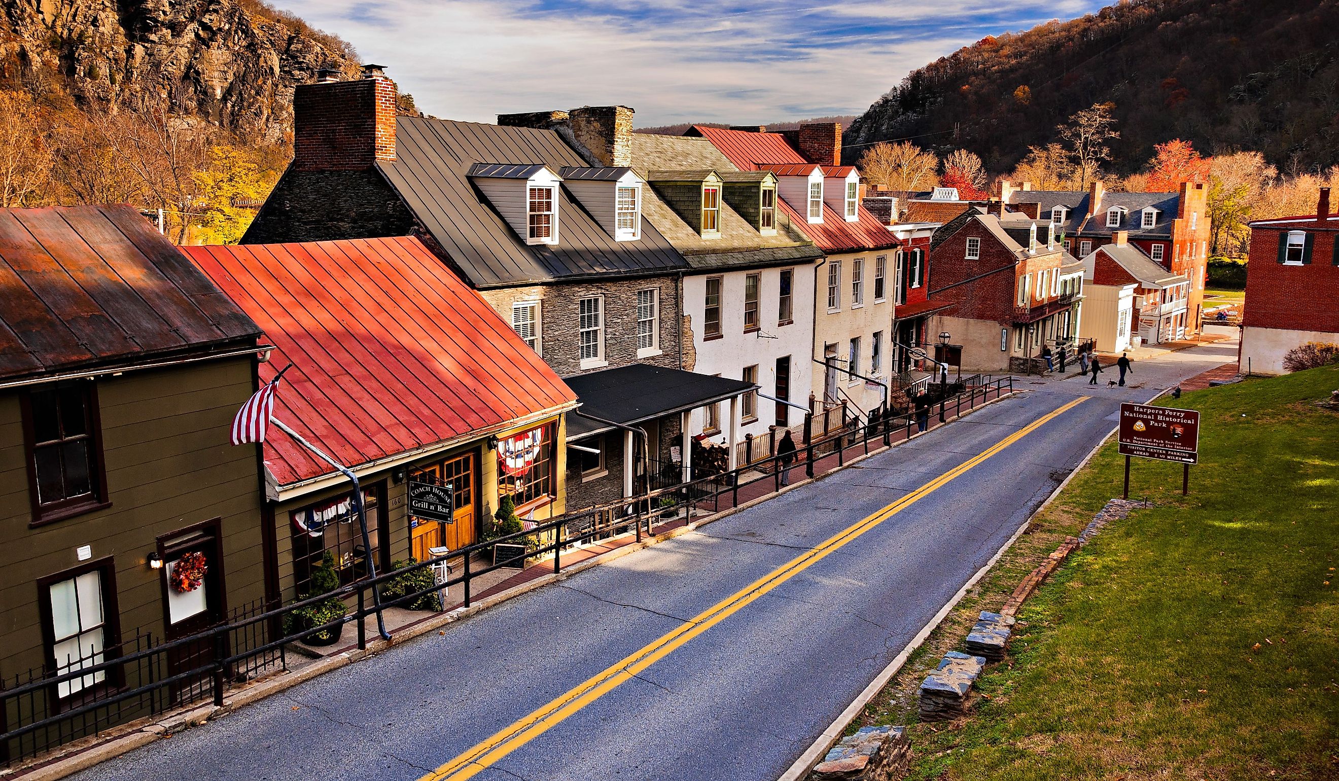 Historic buildings and shops on High Street in Harper's Ferry, West Virginia.