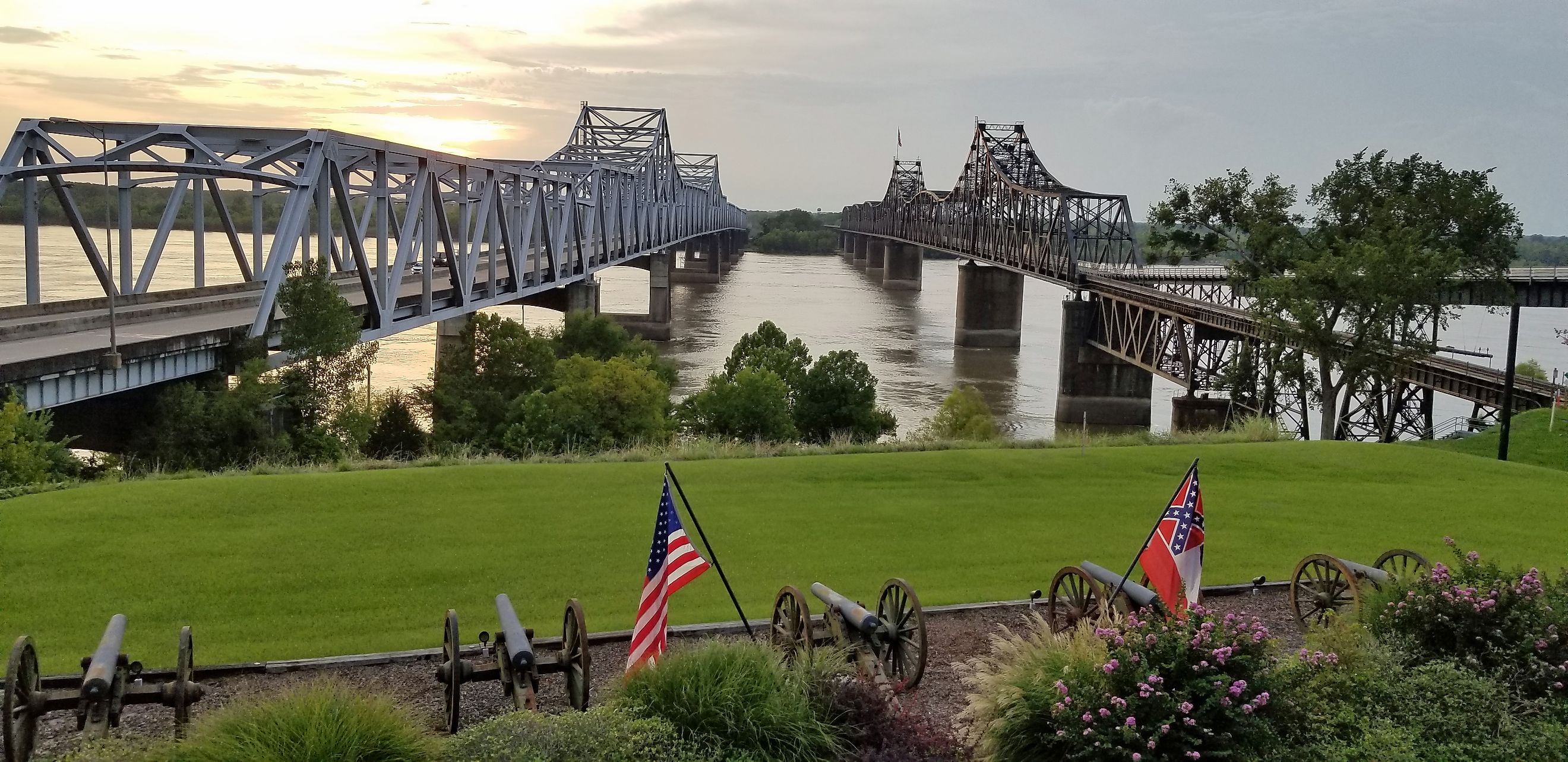 Two bridges crossing the Mississippi River in Vicksburg, Mississippi.