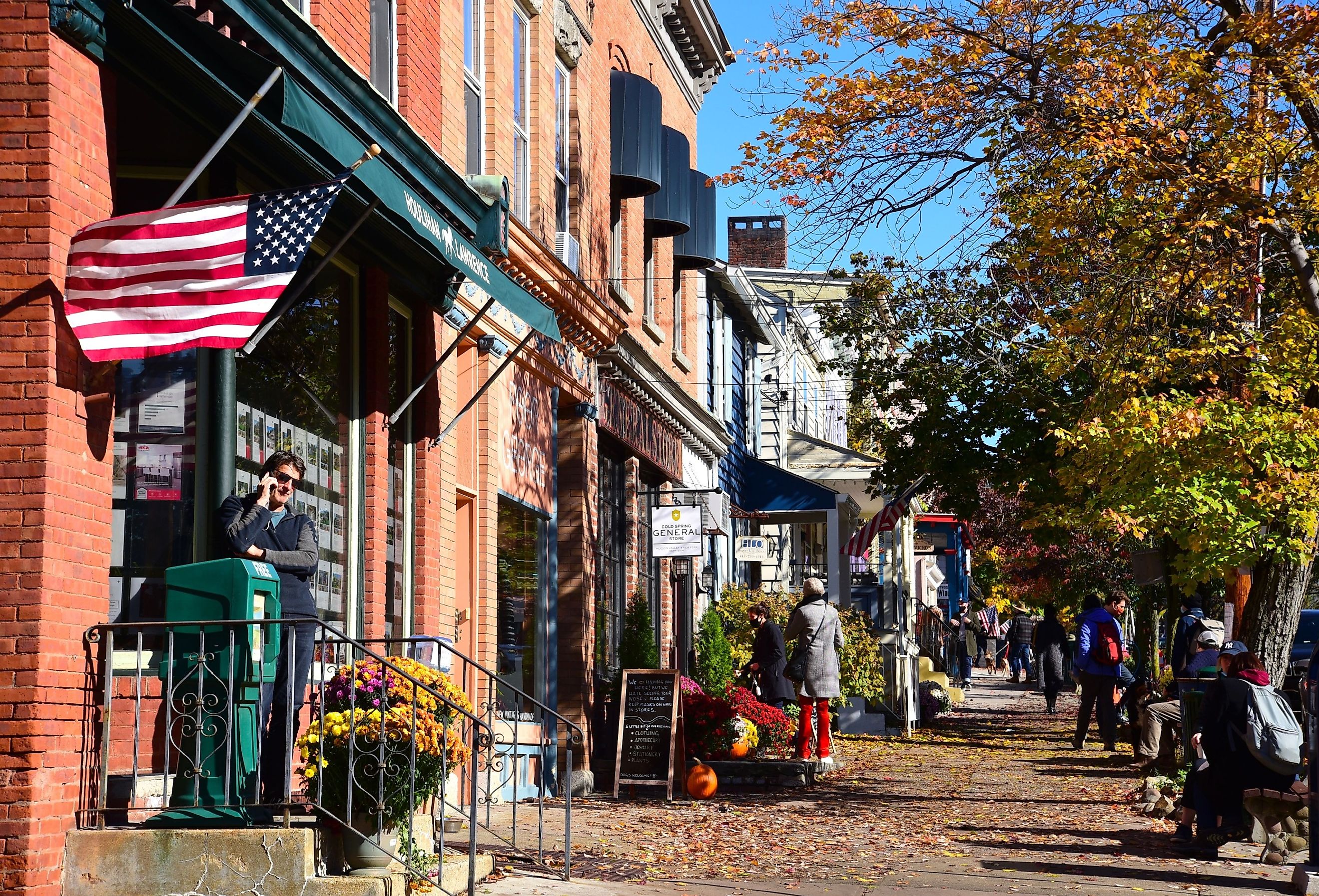 Sidewalk scene in Cold Springs, NY on a crisp fall day.  Image credit Joe Tabacca via Shutterstock.