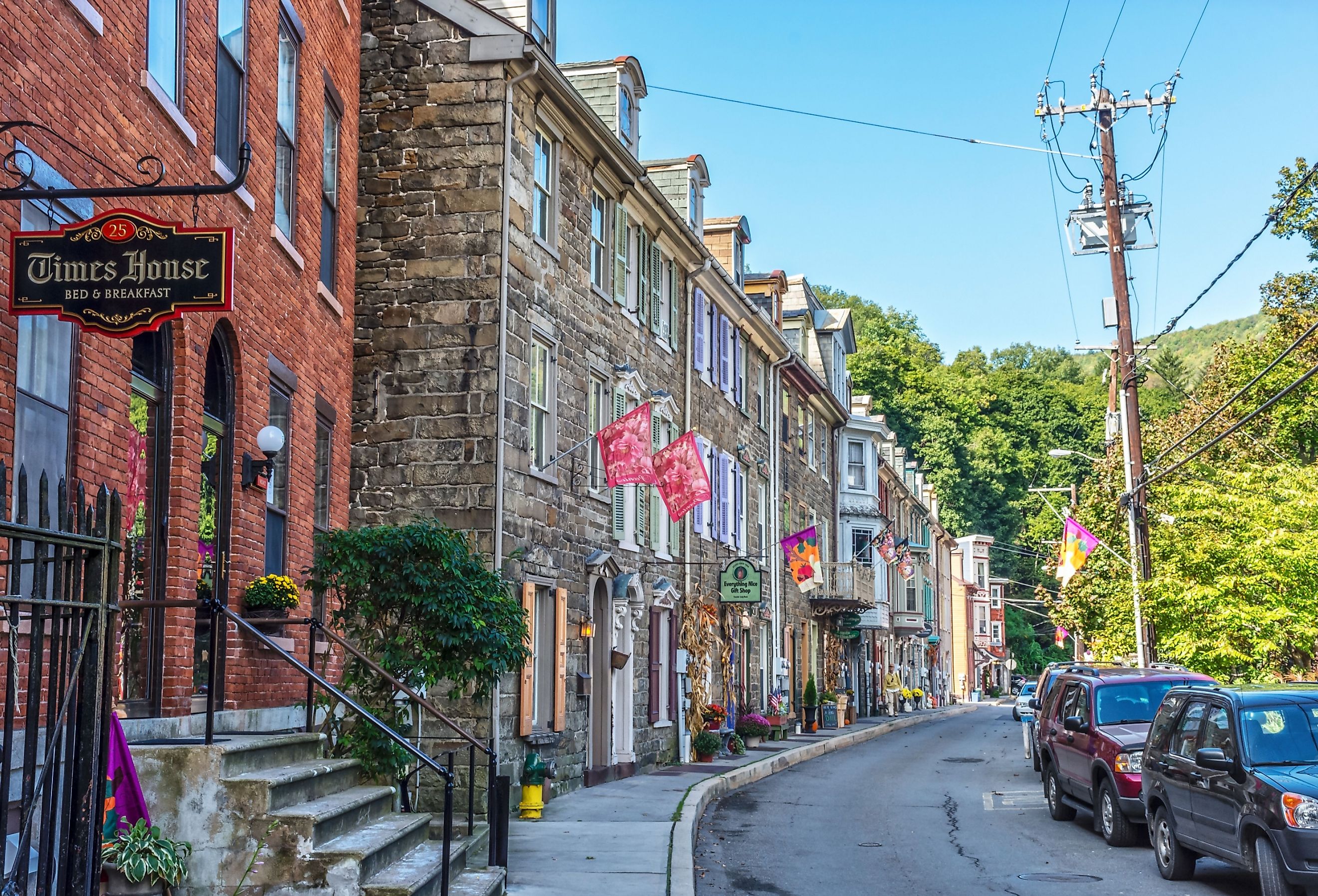 Historic row homes with shops on Race St. in Jim Thorpe, Pennsylvania.