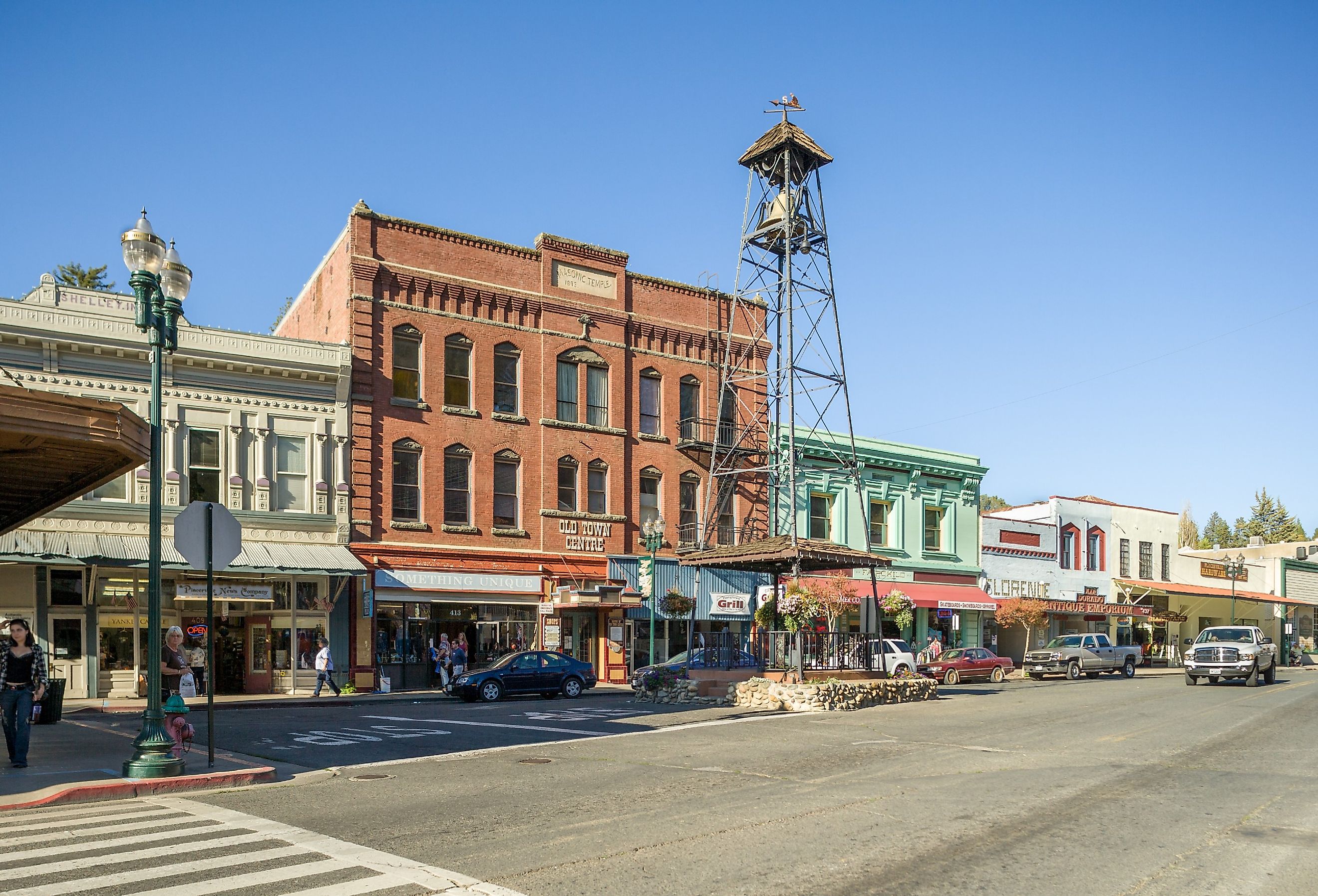 Historic Bell Tower Monument and Old Town Centre in Placerville, California. Image credit Laurens Hoddenbagh via Shutterstock