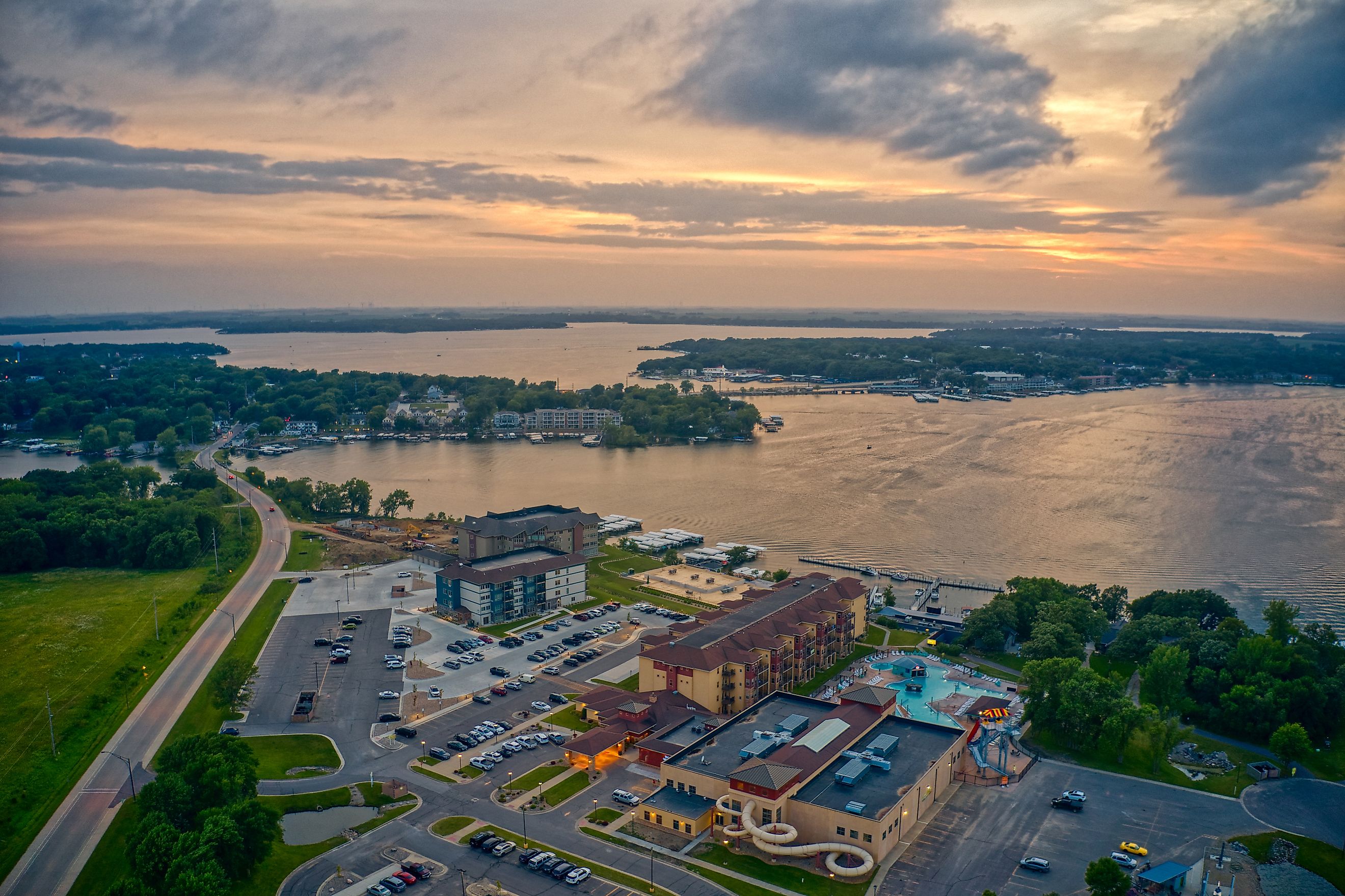 Aerial view of Lake Okoboji at sunset in northern Iowa