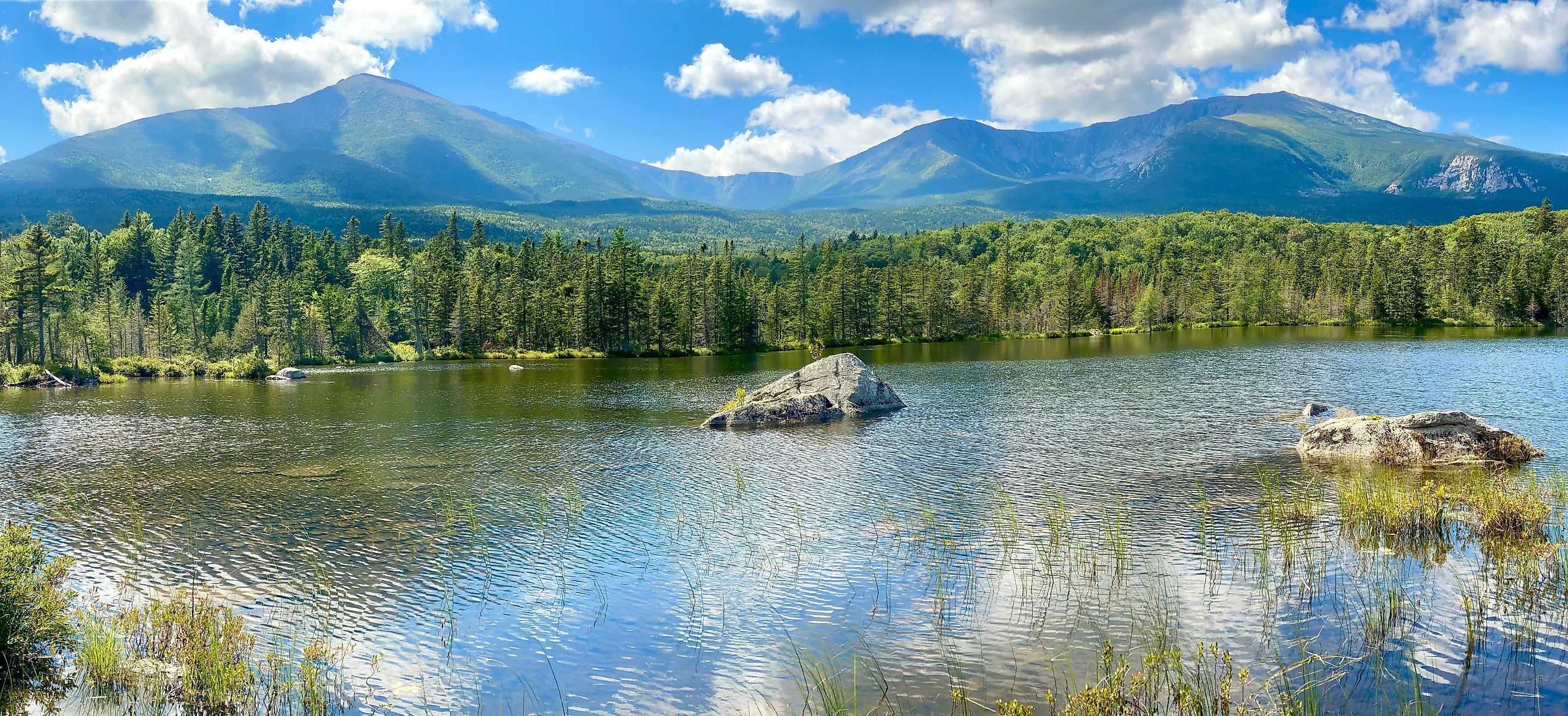 Scenic view of Mount Katahdin and surrounding wilderness in Baxter State Park, Maine.