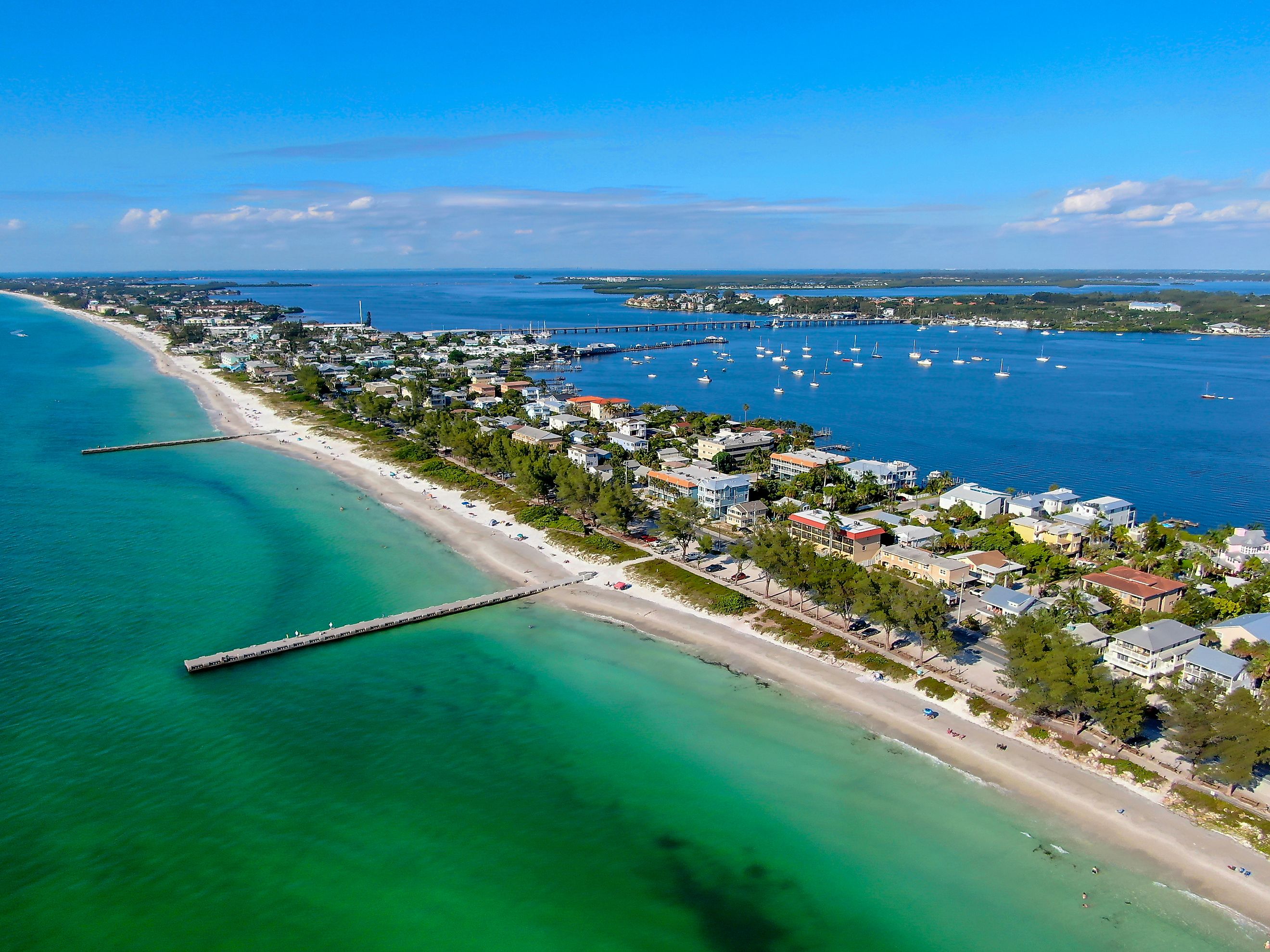 Aerial view of Cortez Beach on Anna Maria Island, Florida.