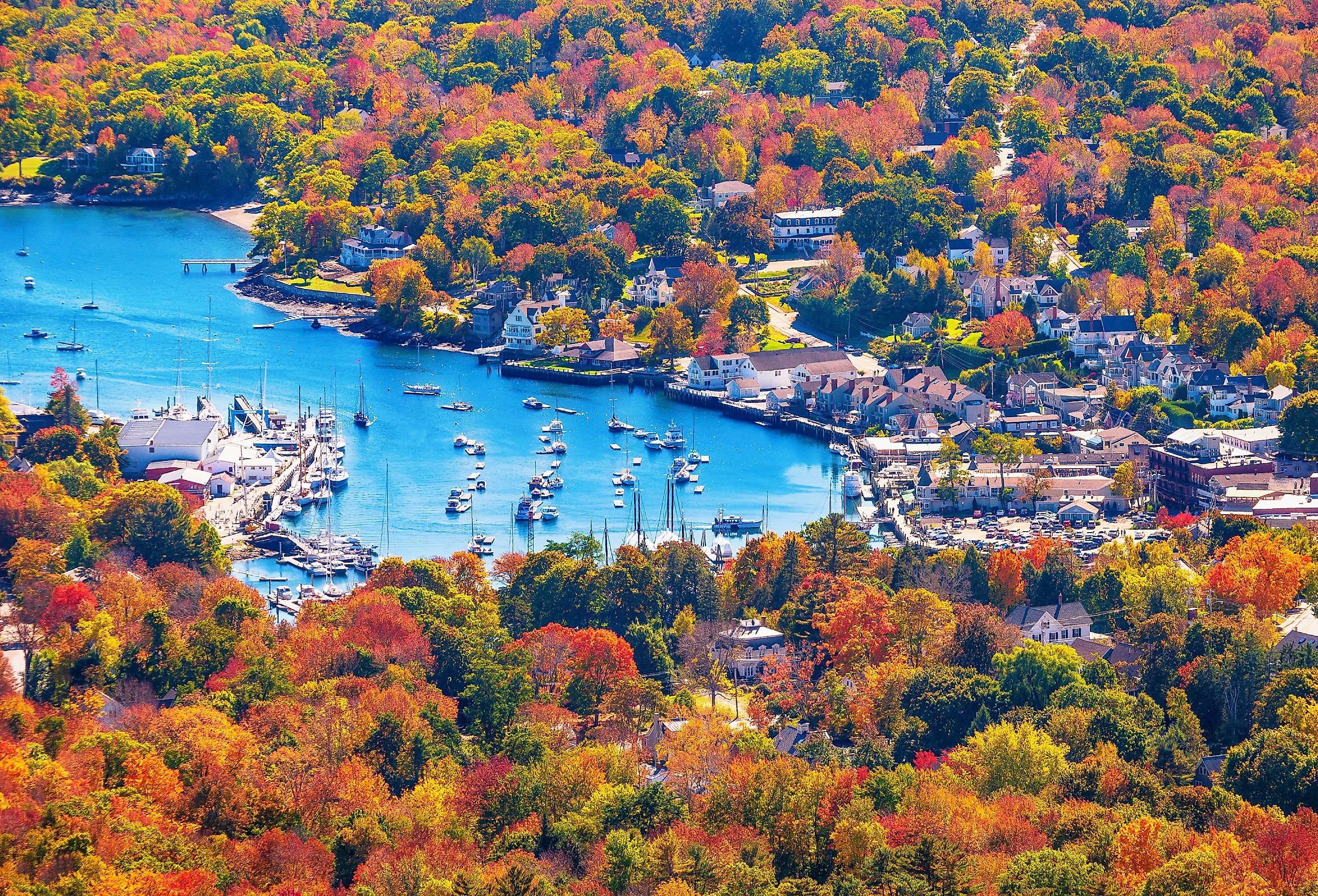 View from Mount Battie overlooking Camden harbor, Maine in autumn.