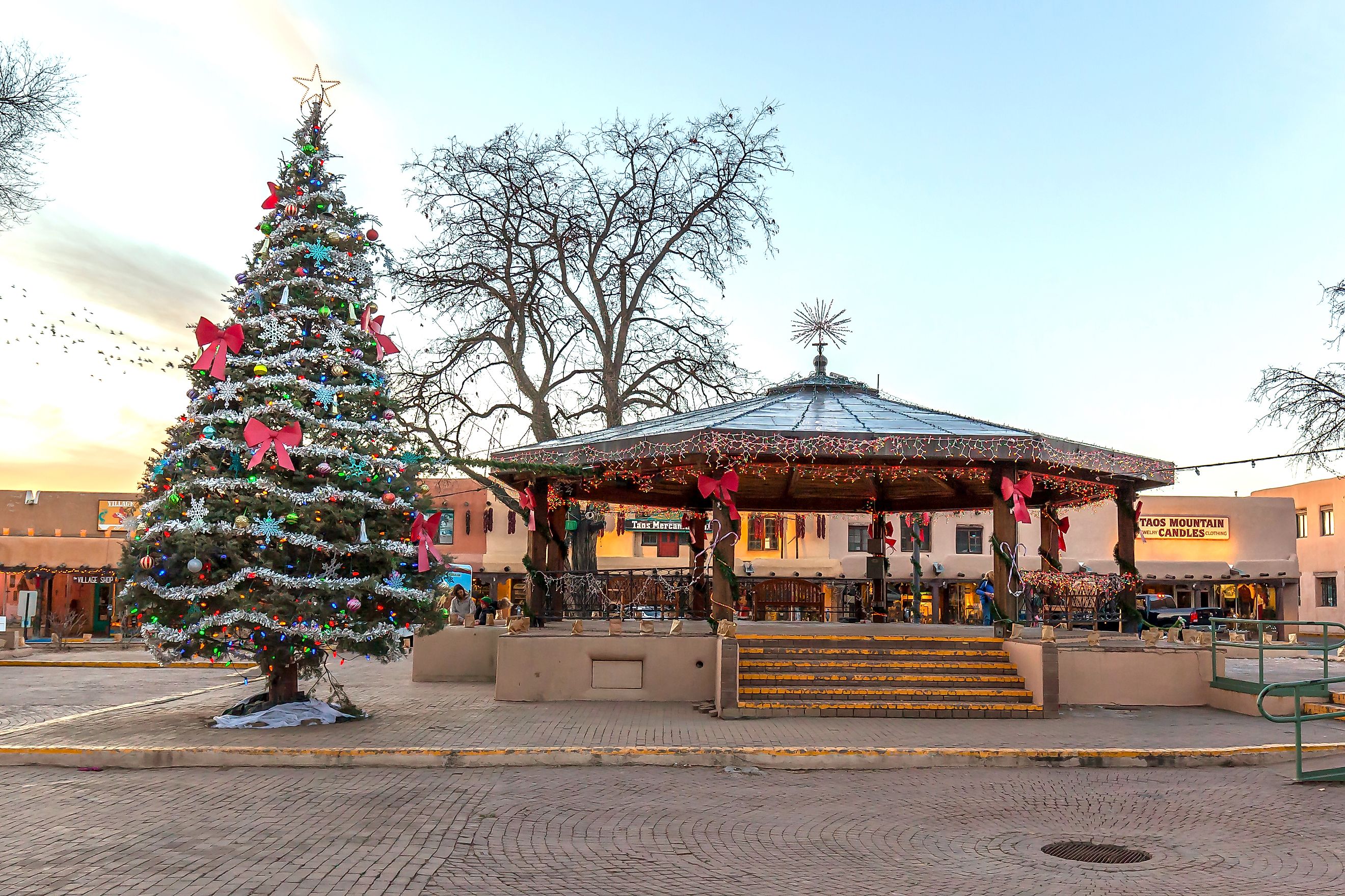 Taos Plaza on Christmas Day in Taos, New Mexico. Editorial credit: JHVEPhoto / Shutterstock.com.