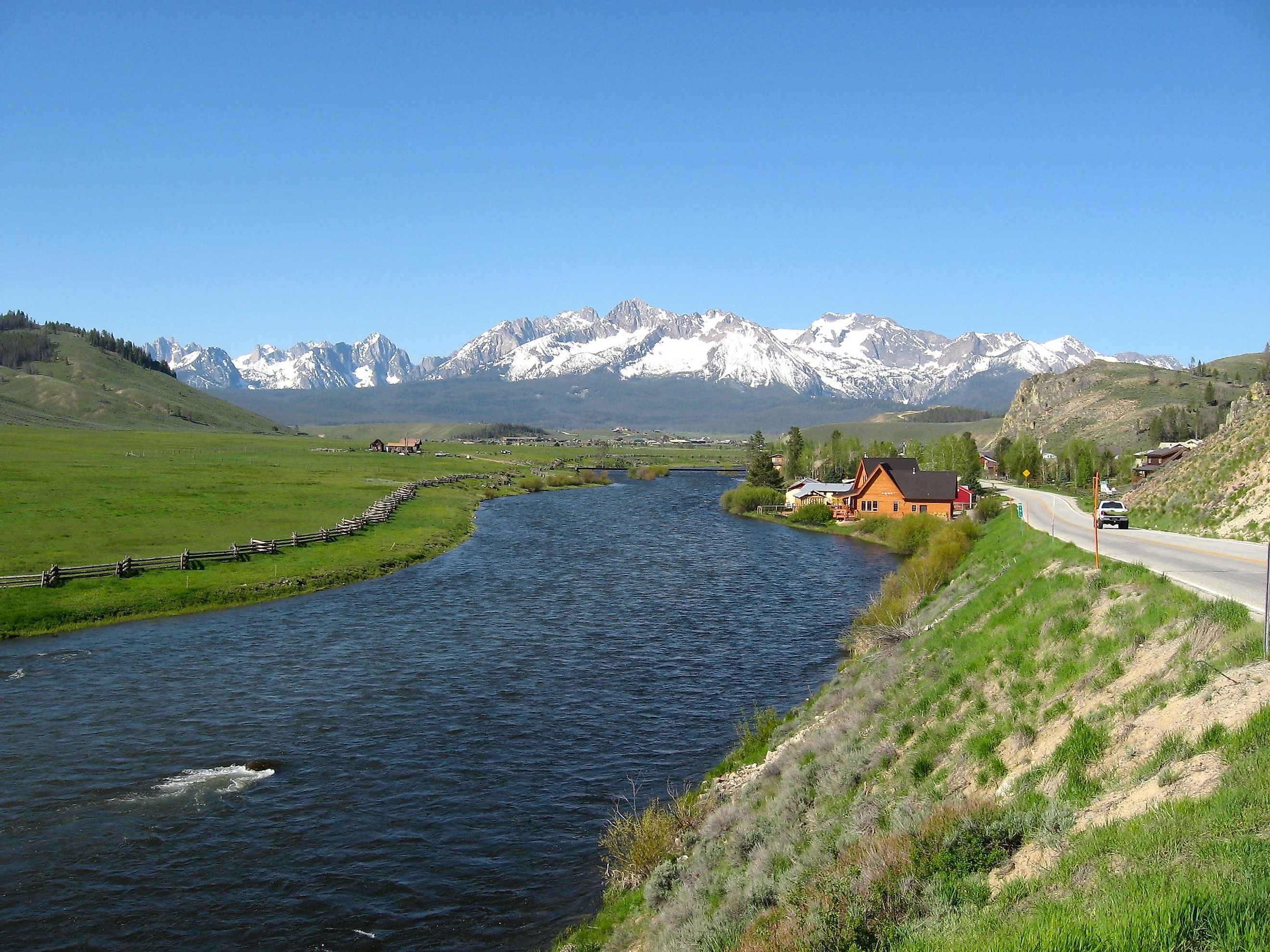 Salmon River and Sawtooth Mountains in Stanley, Idaho.