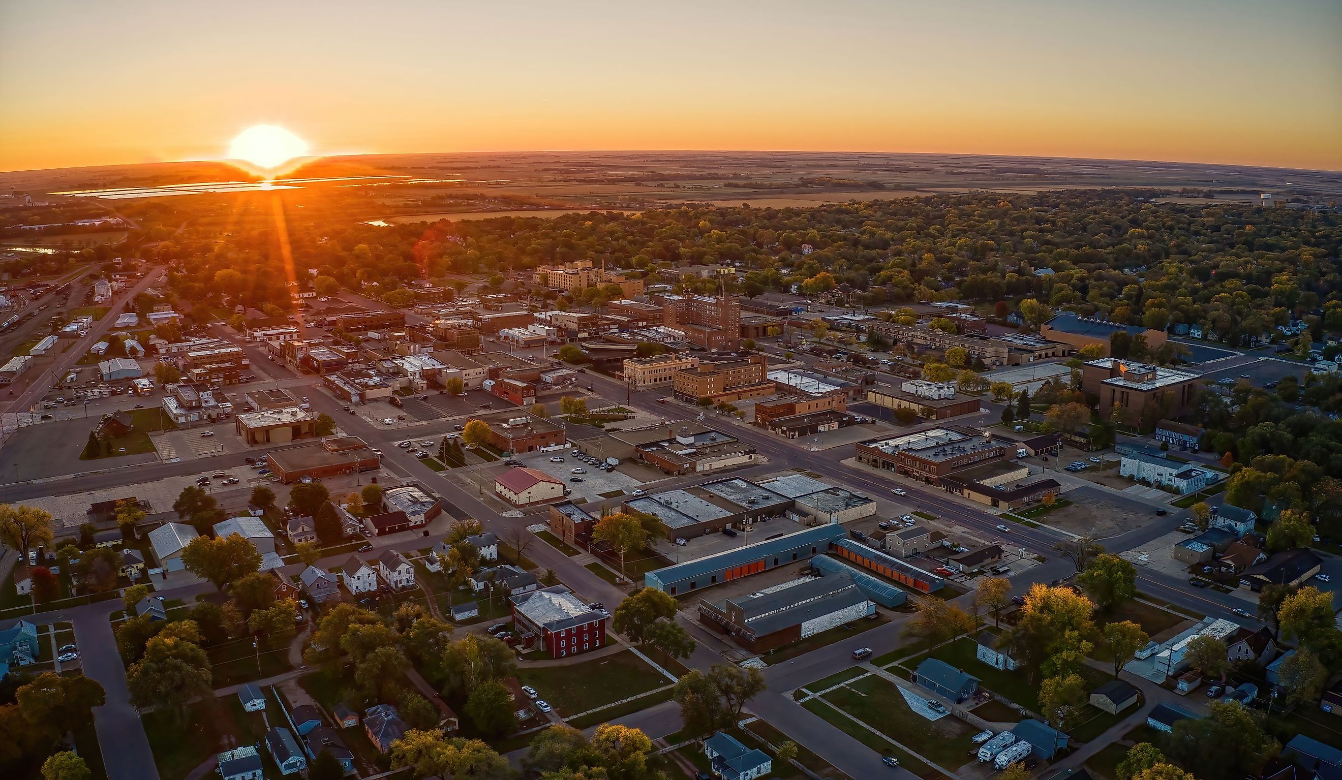 Aerial View of Huron, South Dakota at Sunrise in Autumn.