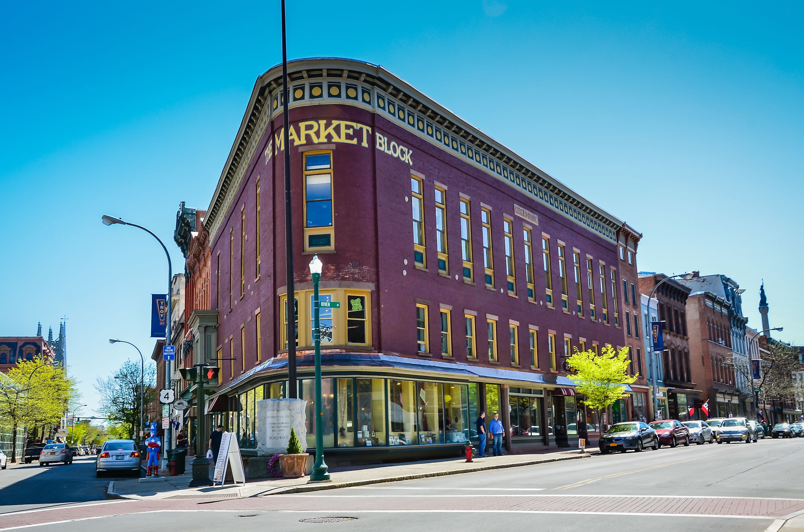 Shops and brown stone buildings in the city of Troy in Upstate New York