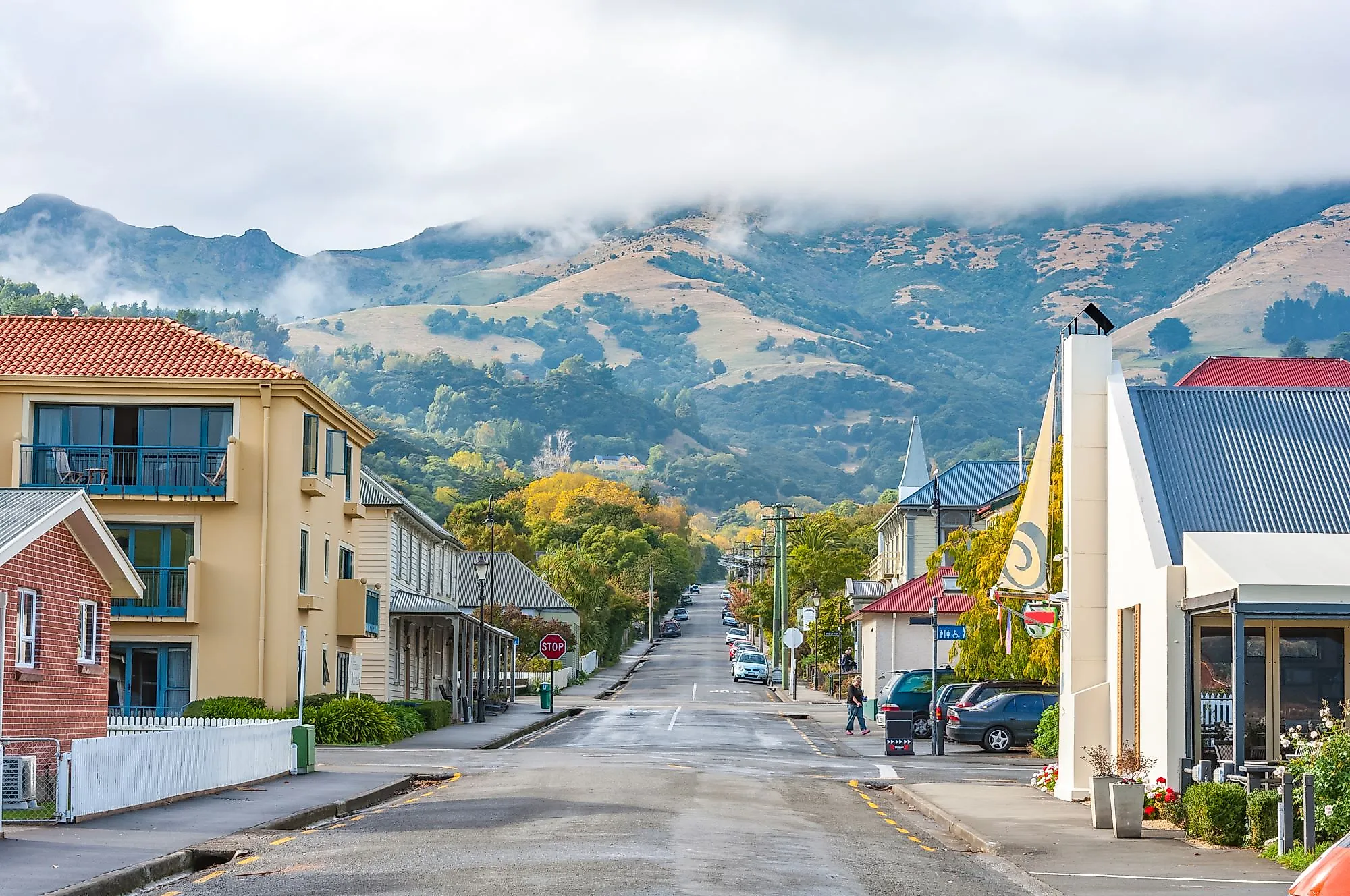 A street in the center of Akaroa, New Zealand.