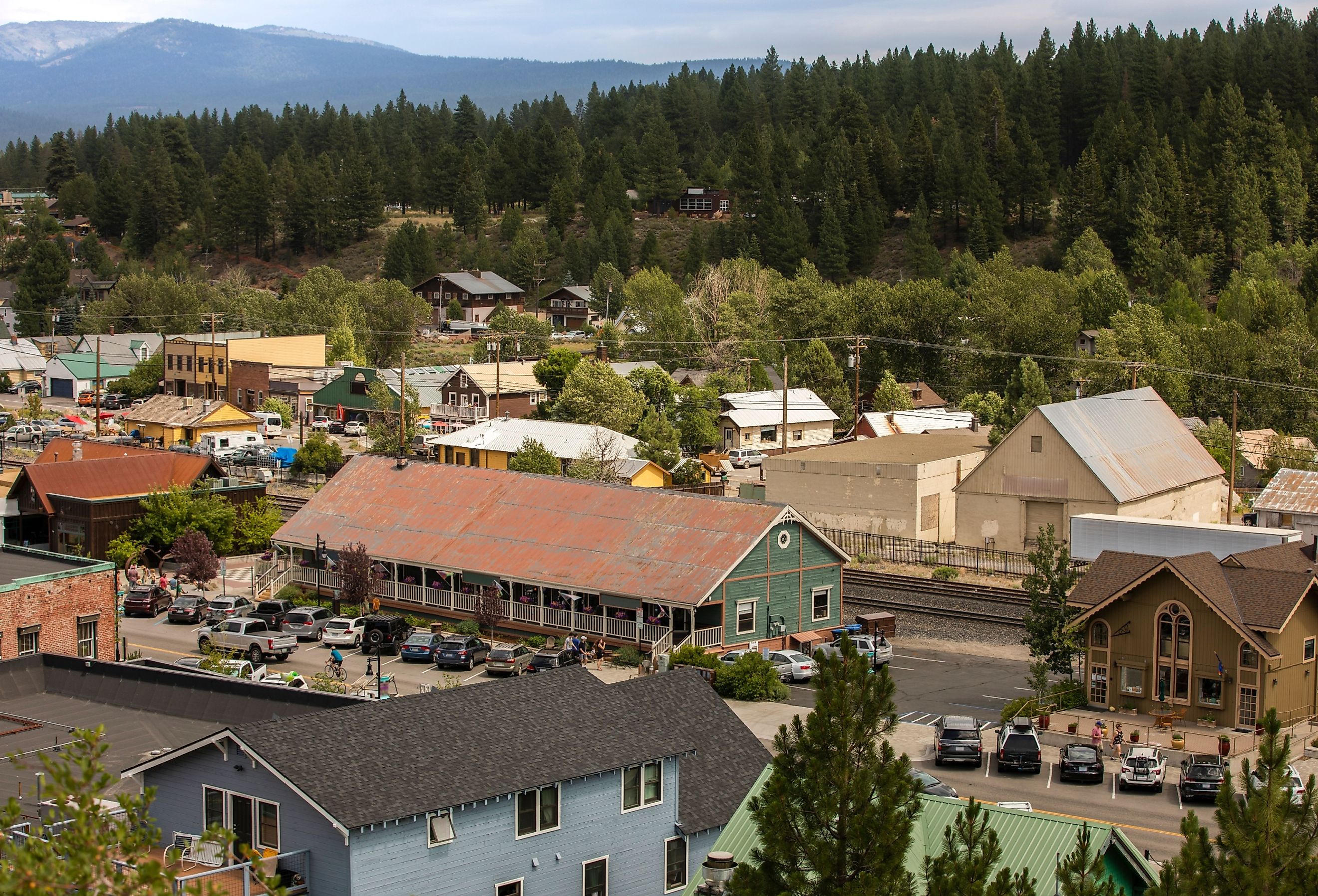 Afternoon sun shines on the historic gold rush era architecture of downtown Truckee, California.