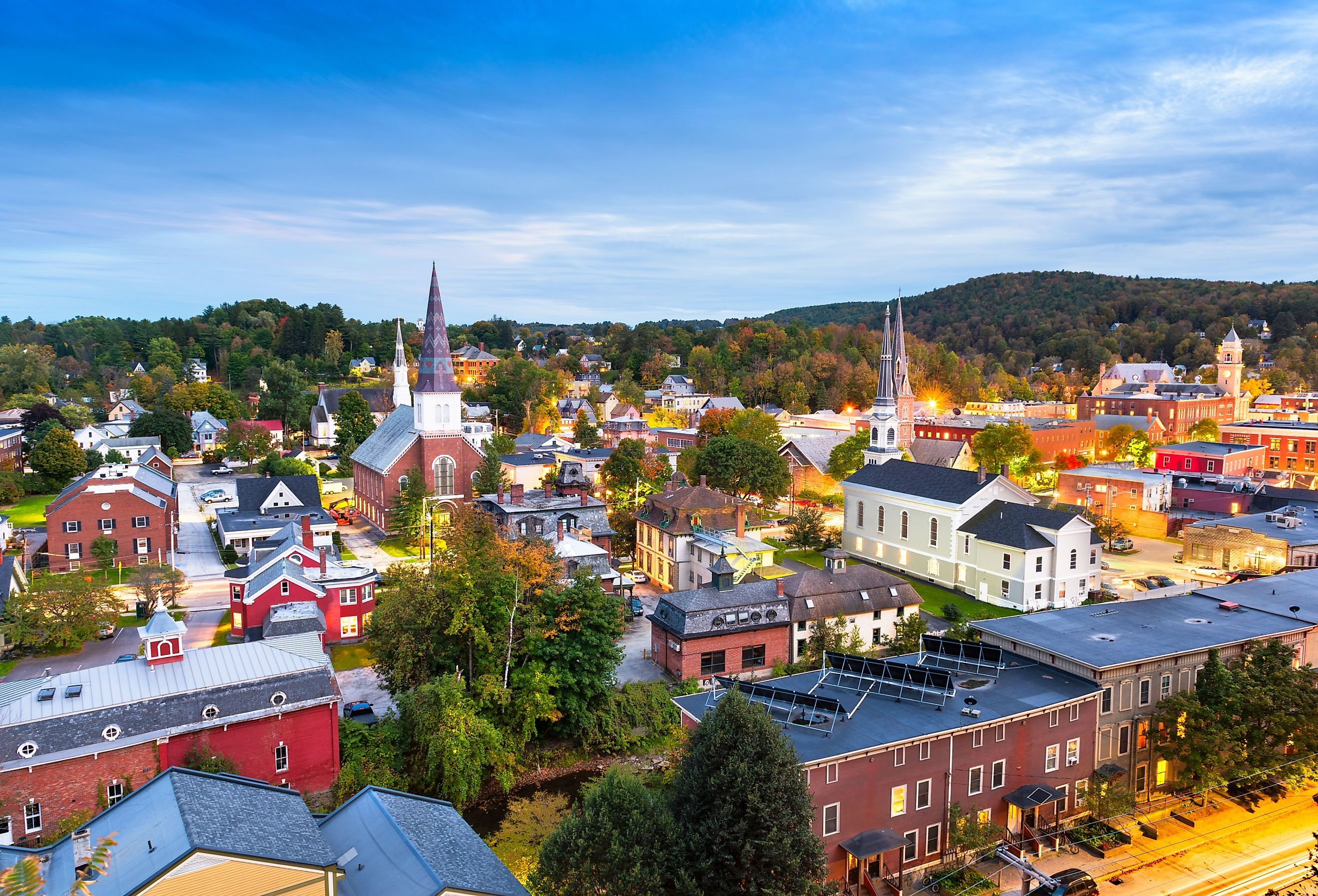 Montpelier, Vermont, USA autumn town skyline.