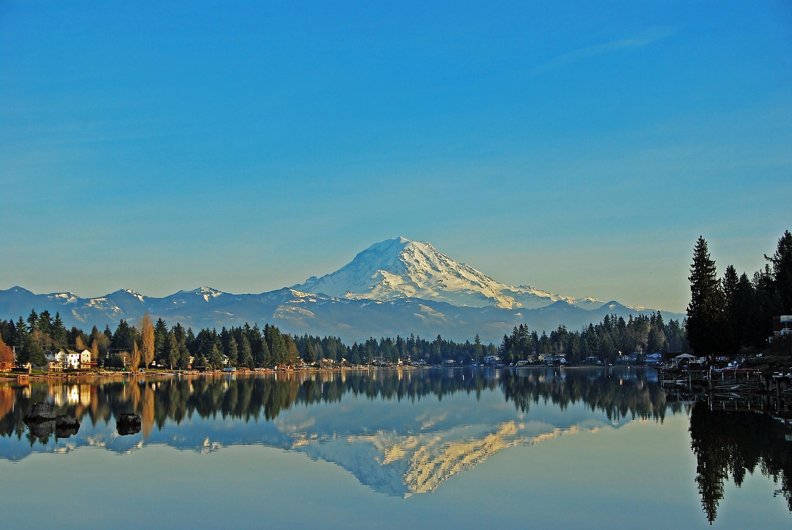 Sumner, Washington: Mt. Rainier reflecting in Lake Tapps.