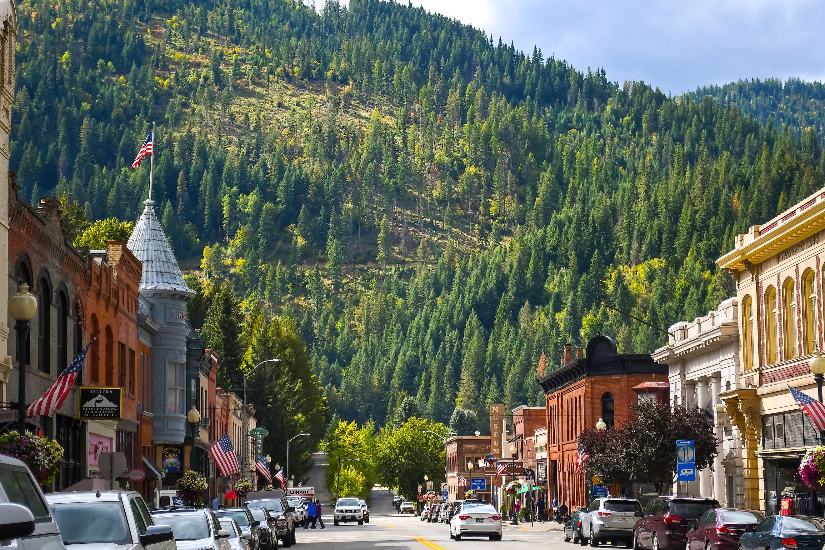 A picturesque main street in the historic mining town of Wallace, Idaho