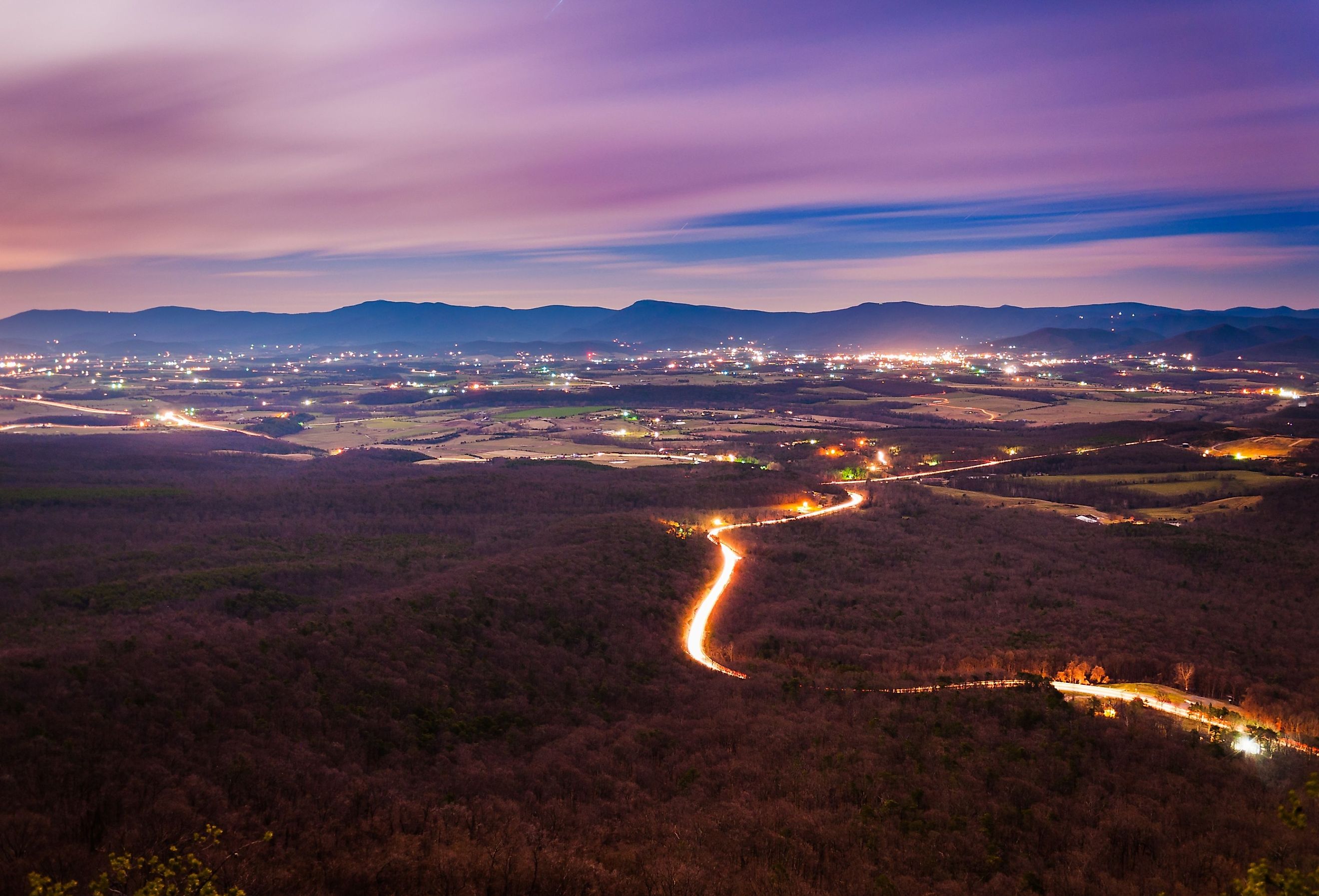 View of the Shenandoah Valley and Luray at night from Massanutten Mountain, in George Washington National Forest, Virginia