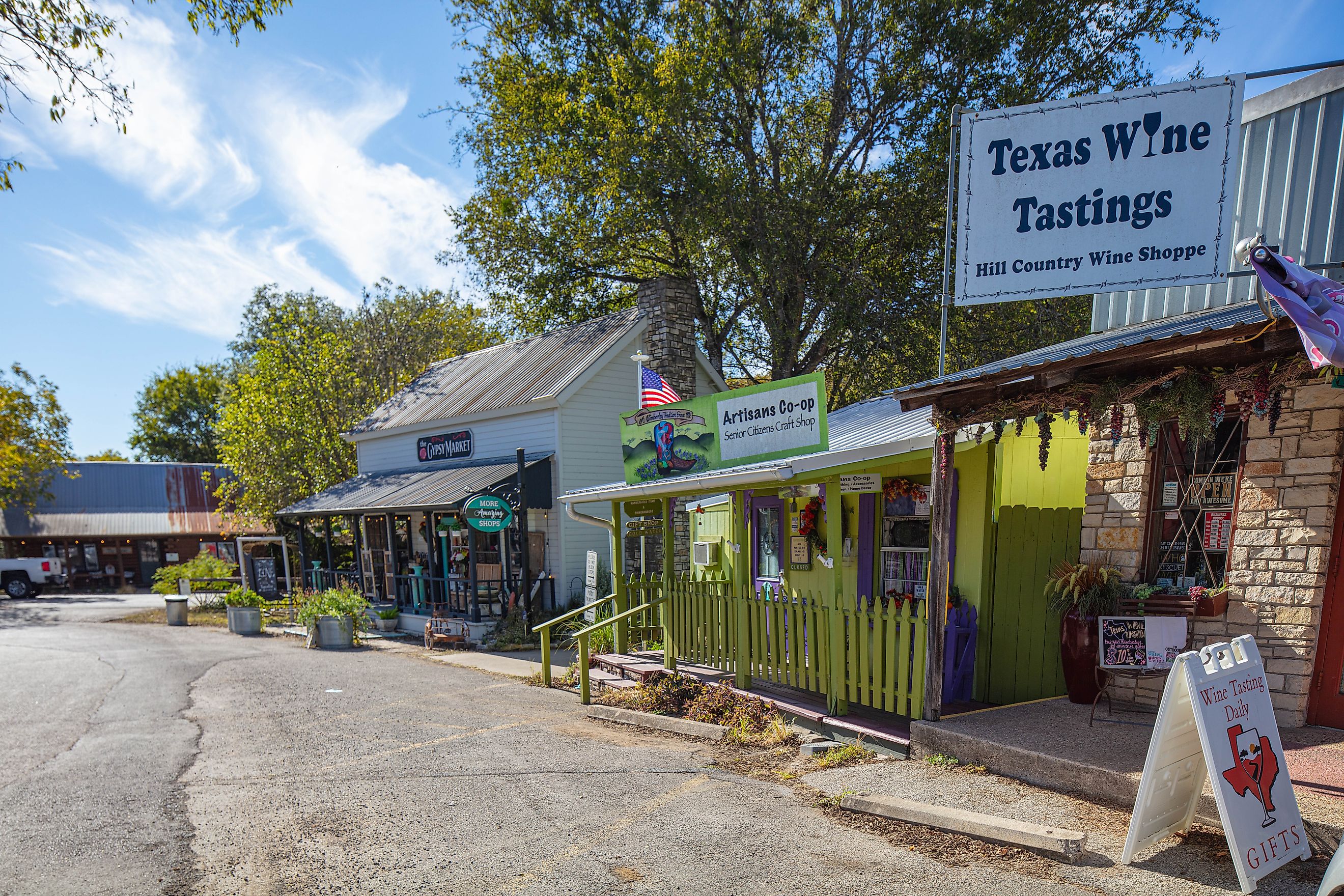 The small shops at Wimberley Square in Wimberley, Texas, offering a quaint and charming atmosphere. Editorial credit: Roberto Galan / Shutterstock.com