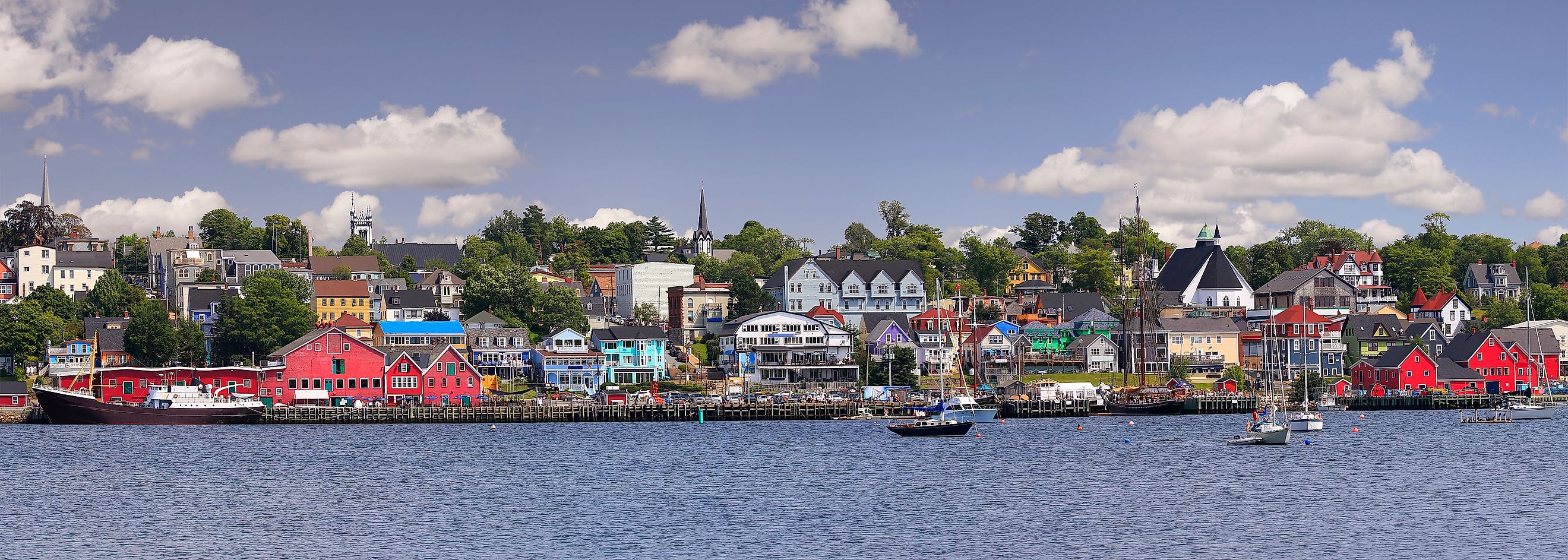 Panoramic view of UNESCO world heritage site of historic downtown Lunenburg and harbor at the Atlantic Ocean, Nova Scotia, Canada