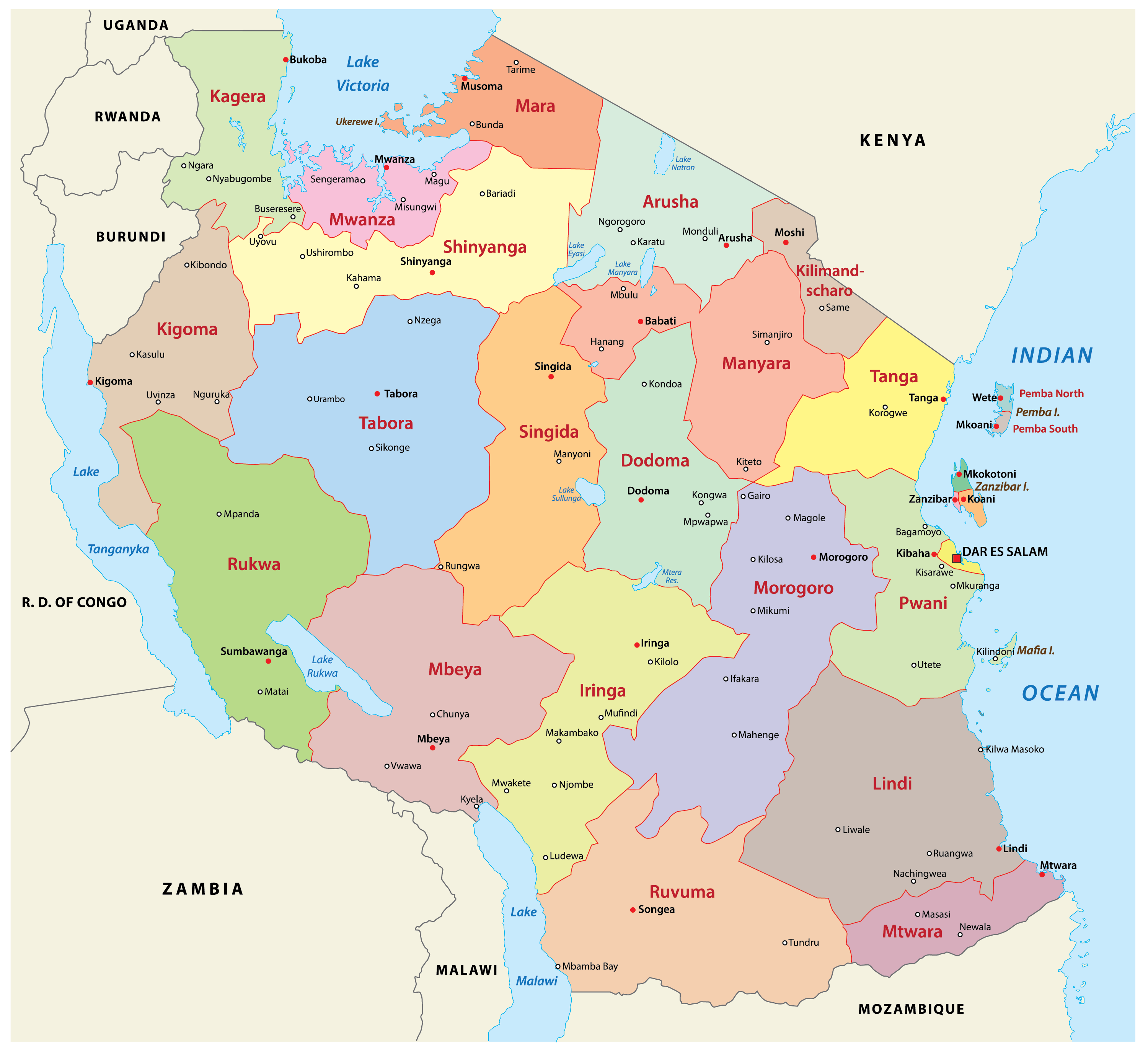 Regions Of Tanzania Map 