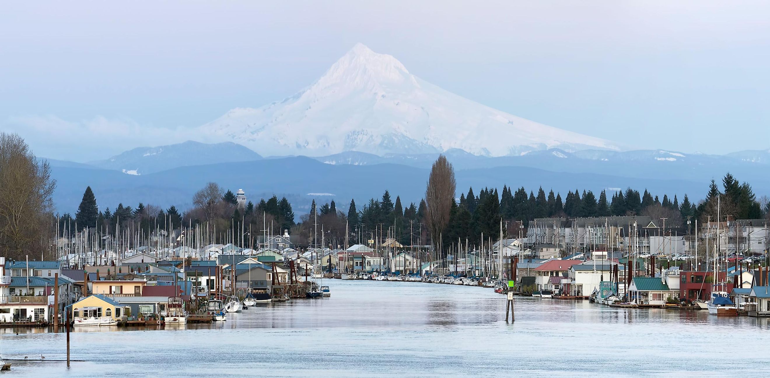 Floating Boat Houses Along Columbia River Gorge and Mount Hood Panorama