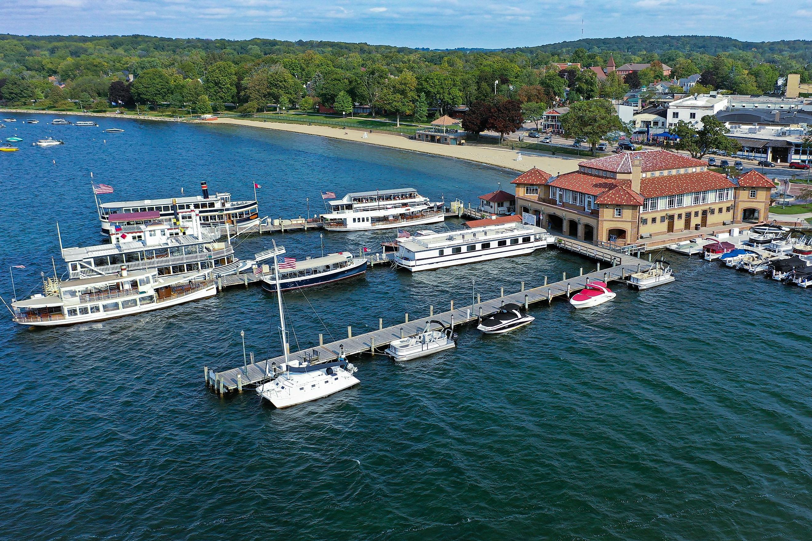 Boats docked on the piers at the Riviera in Lake Geneva, Wisconsin.