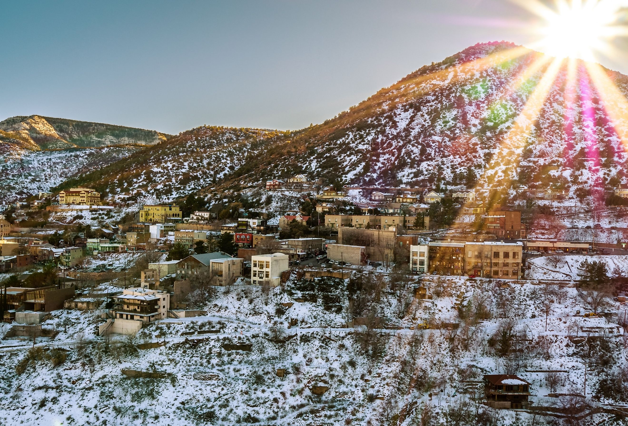 Winterscape drone view of Jerome, AZ.