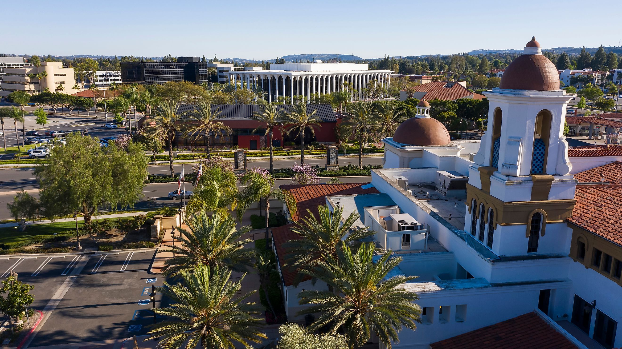 Daytime aerial view of the downtown area of Laguna Woods, California, USA